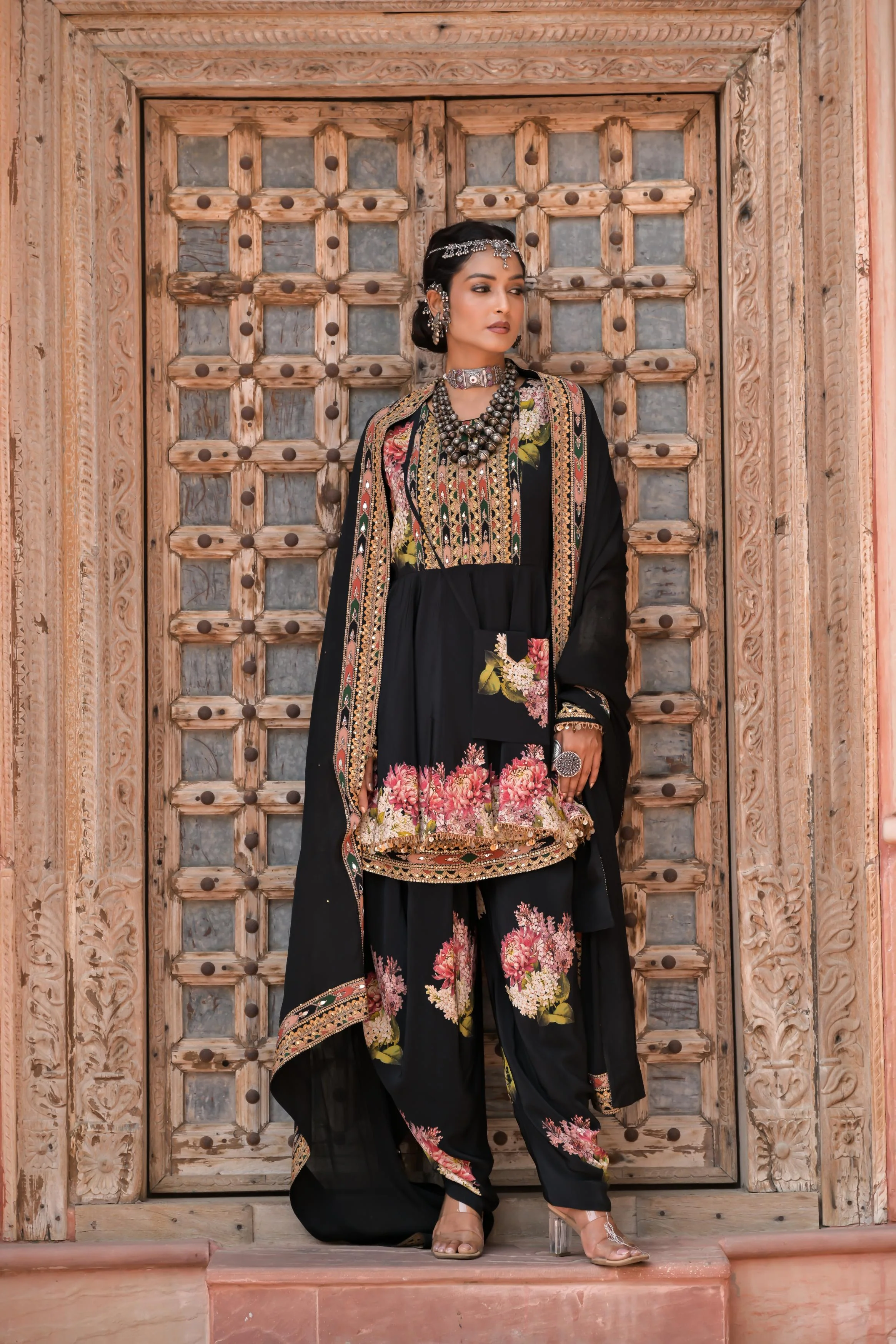Black Printed Embellished Crepe Silk Dhoti Set - Image 4