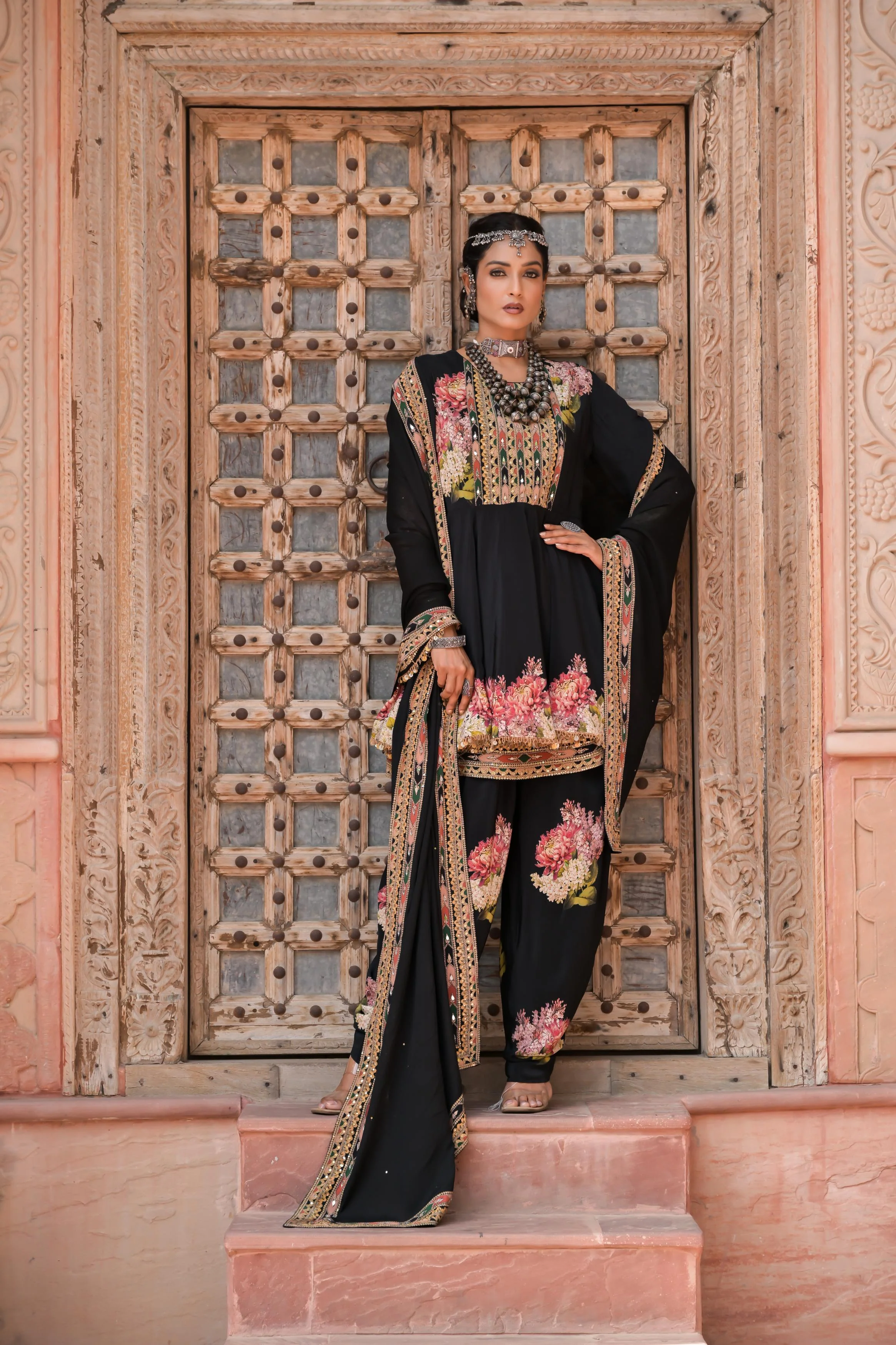 Black Printed Embellished Crepe Silk Dhoti Set - Image 5