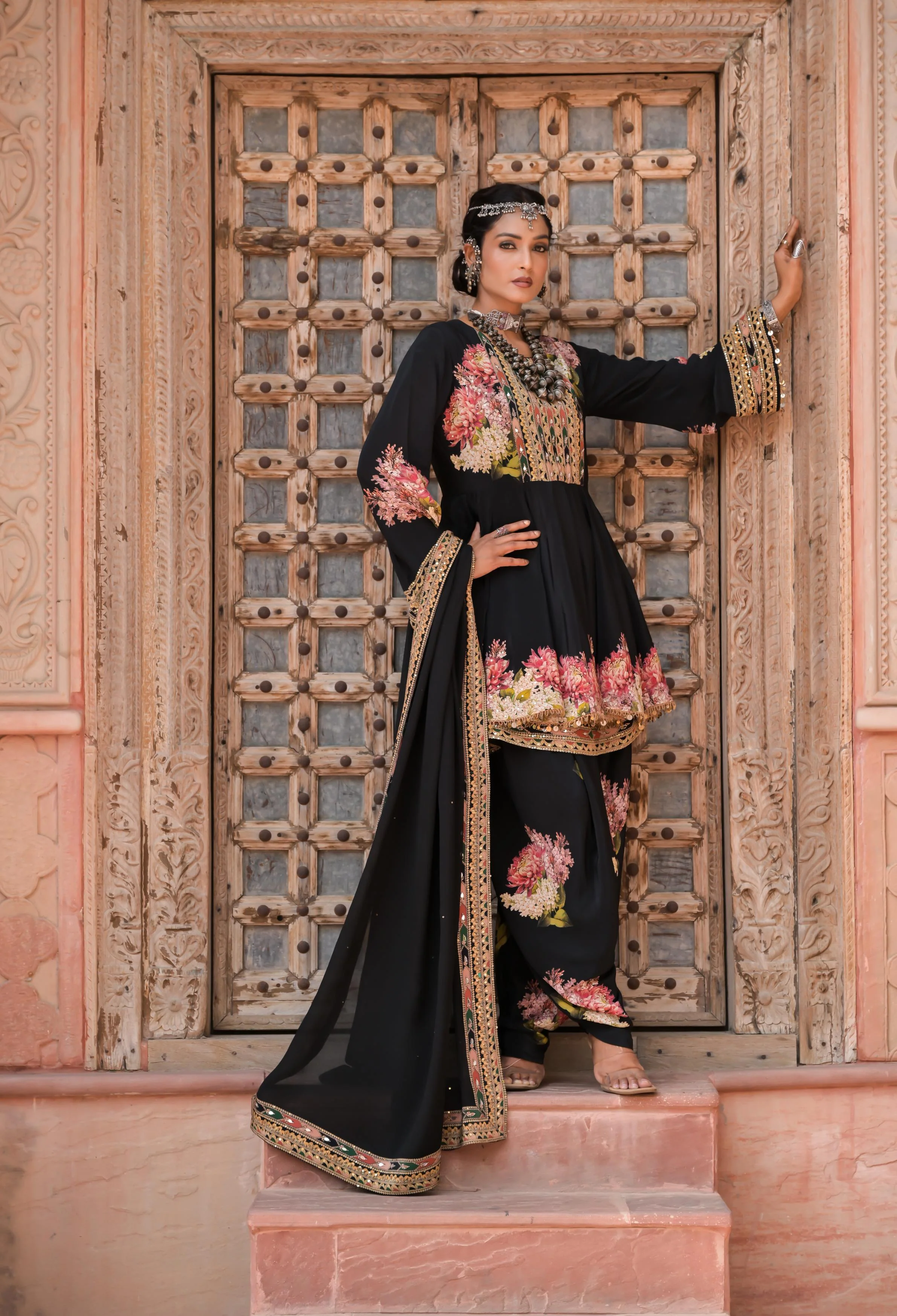 Black Printed Embellished Crepe Silk Dhoti Set - Image 6