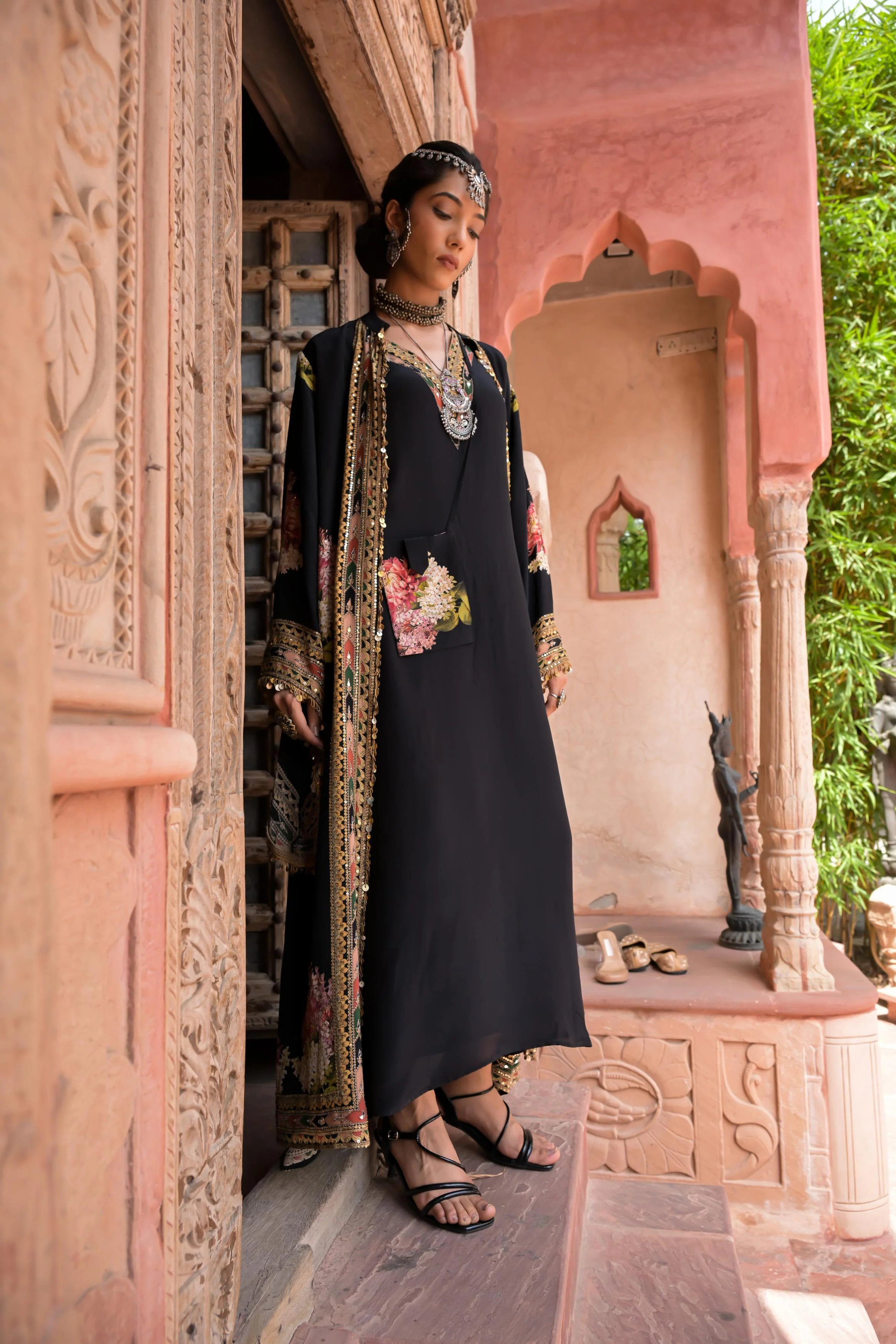 Midnight Black Printed Embellished Crepe Silk Cape Set - Image 2