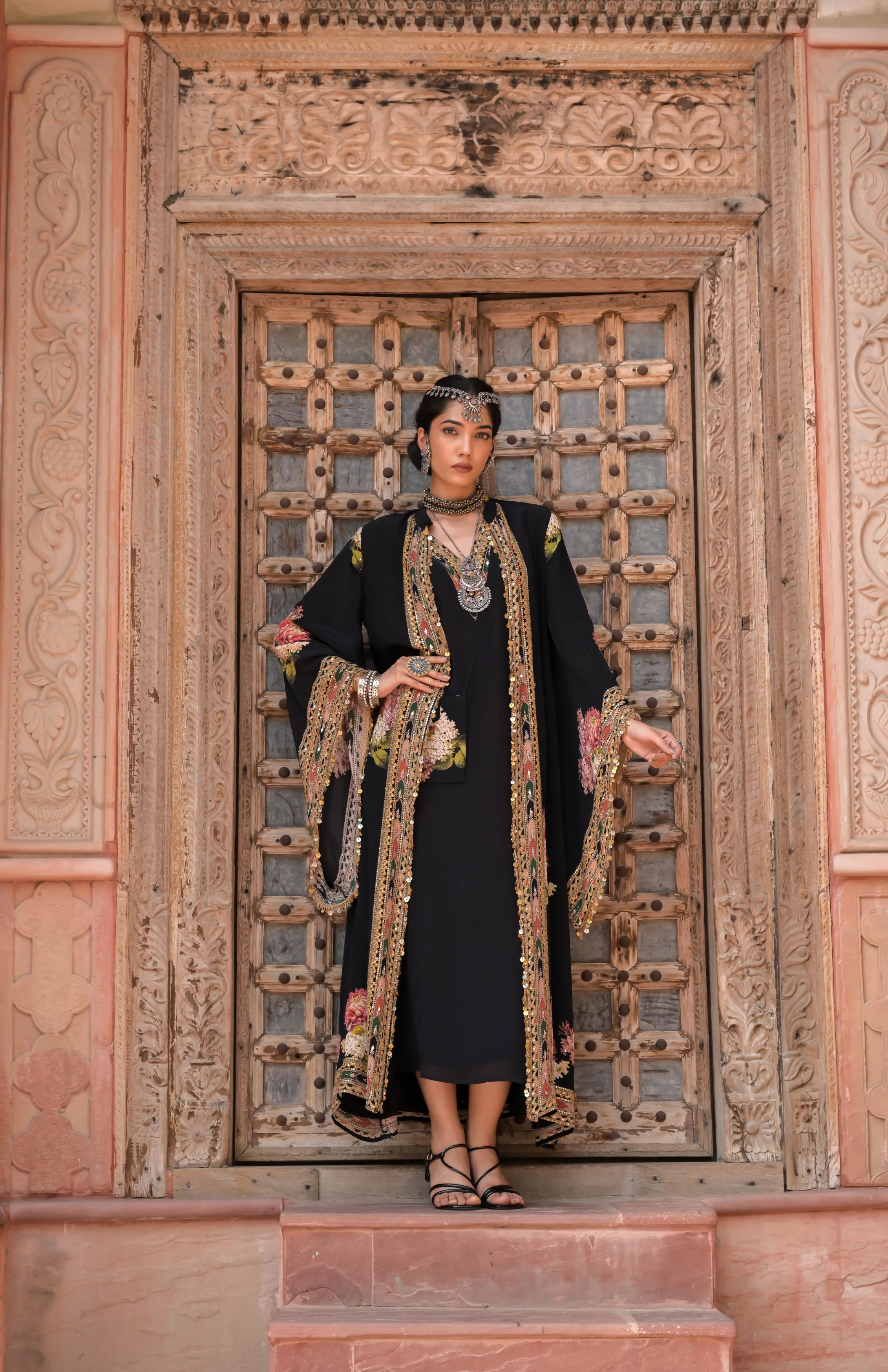 Midnight Black Printed Embellished Crepe Silk Cape Set - Image 3