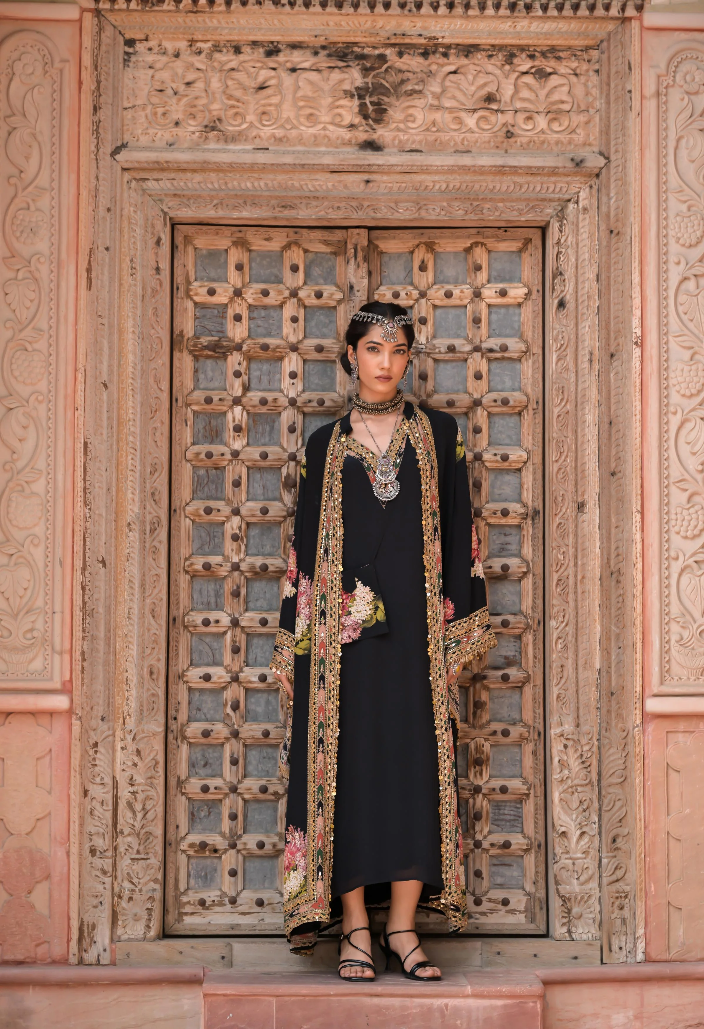 Midnight Black Printed Embellished Crepe Silk Cape Set - Image 4
