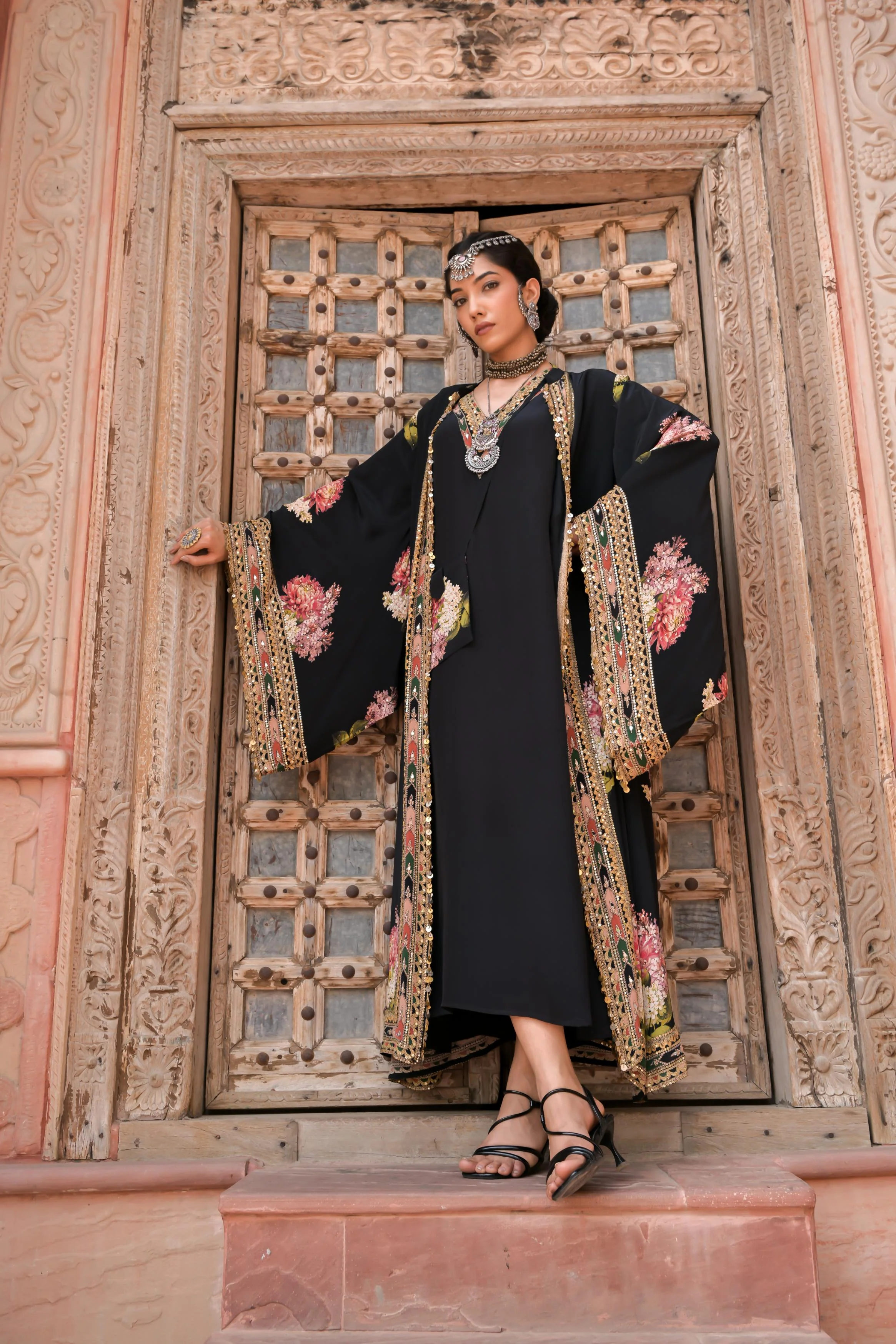 Midnight Black Printed Embellished Crepe Silk Cape Set - Image 5