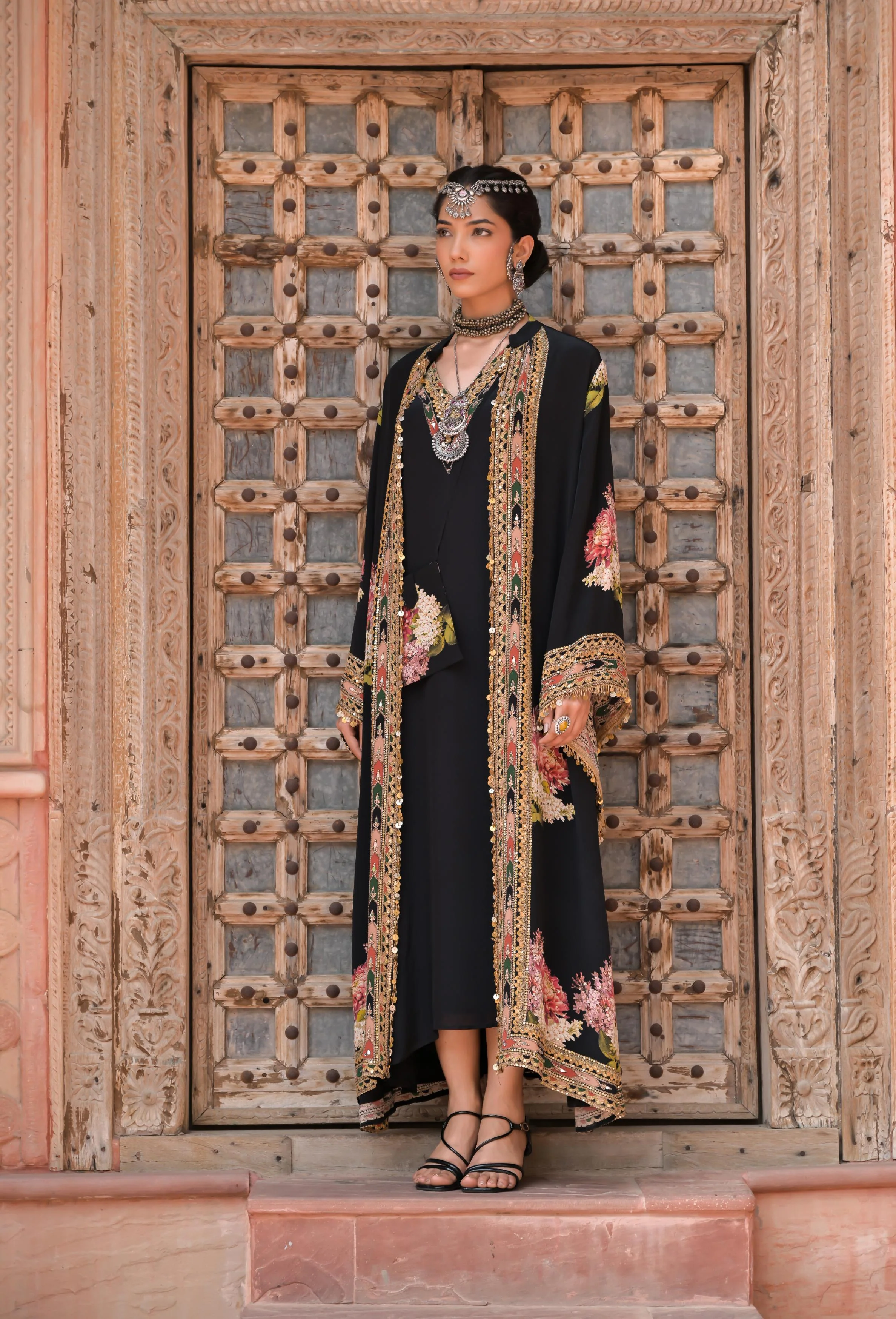 Midnight Black Printed Embellished Crepe Silk Cape Set - Image 6