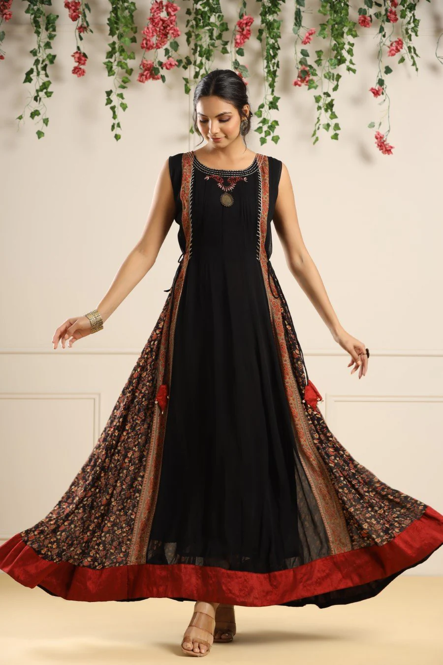 Black Printed Georgette Silk Long Dress - Image 3
