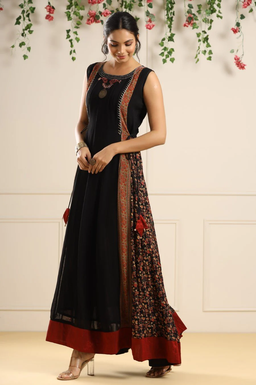 Black Printed Georgette Silk Long Dress - Image 4