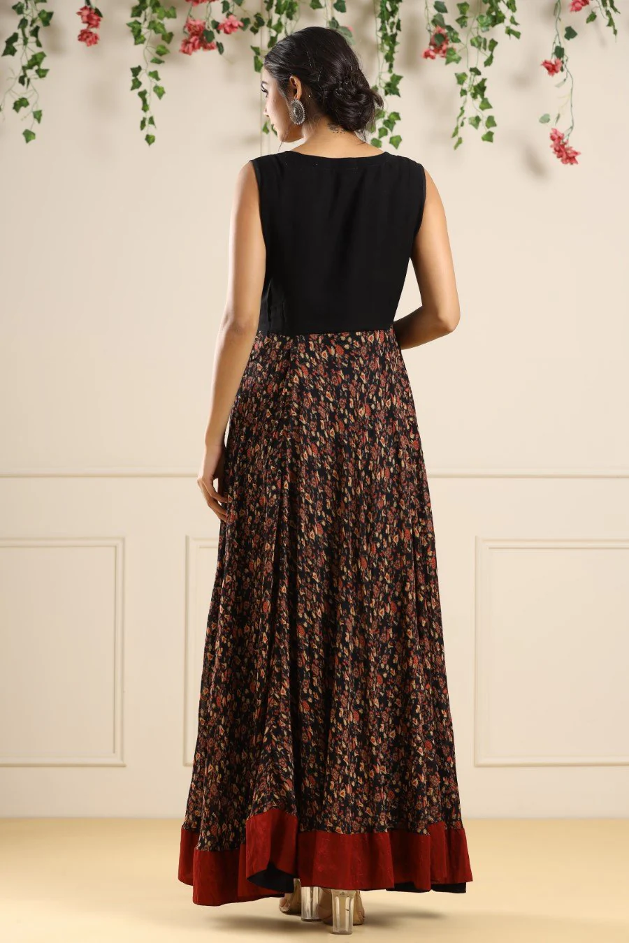 Black Printed Georgette Silk Long Dress - Image 6