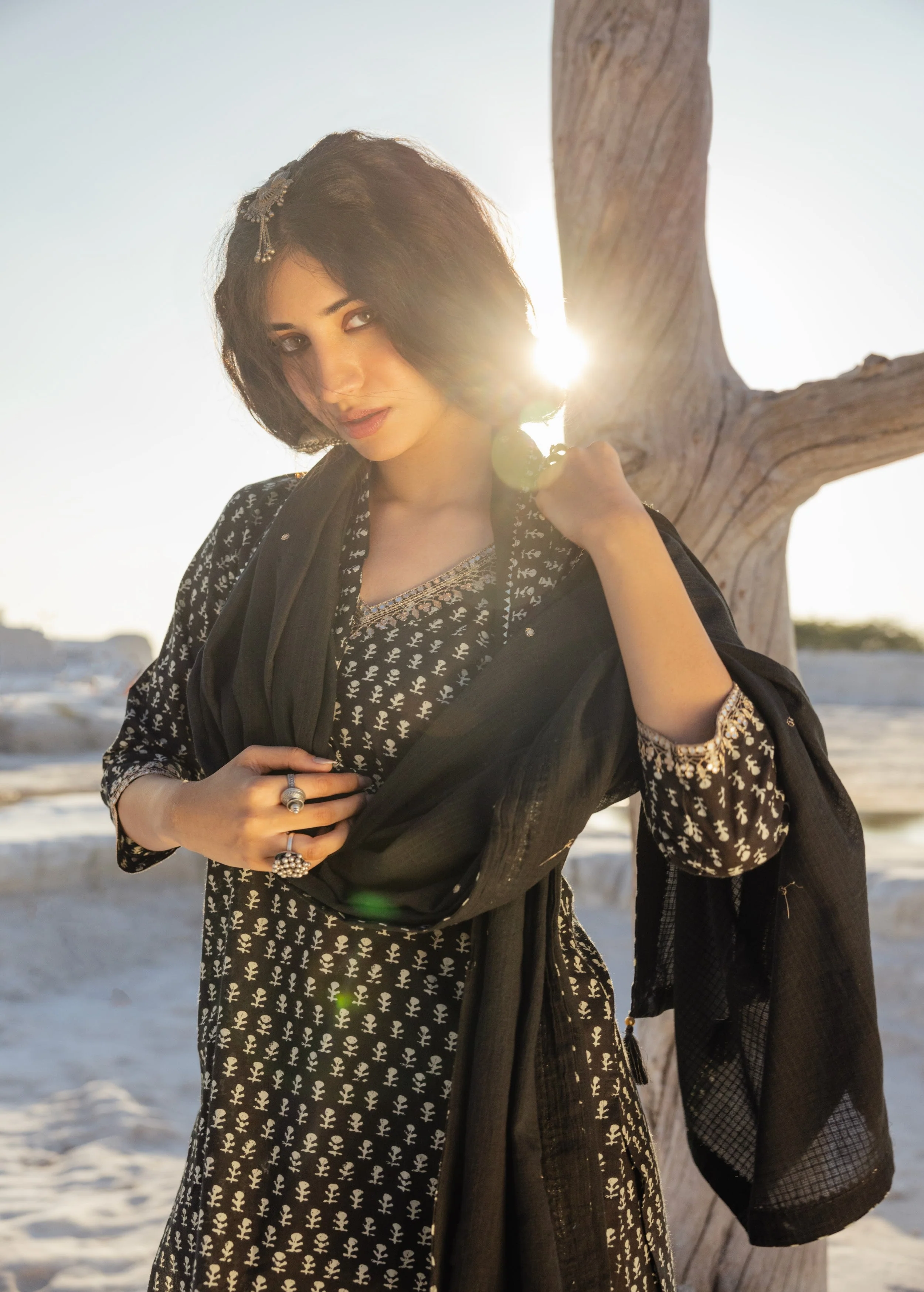 Black Block Printed Organic Cotton Sharara Set - Image 2