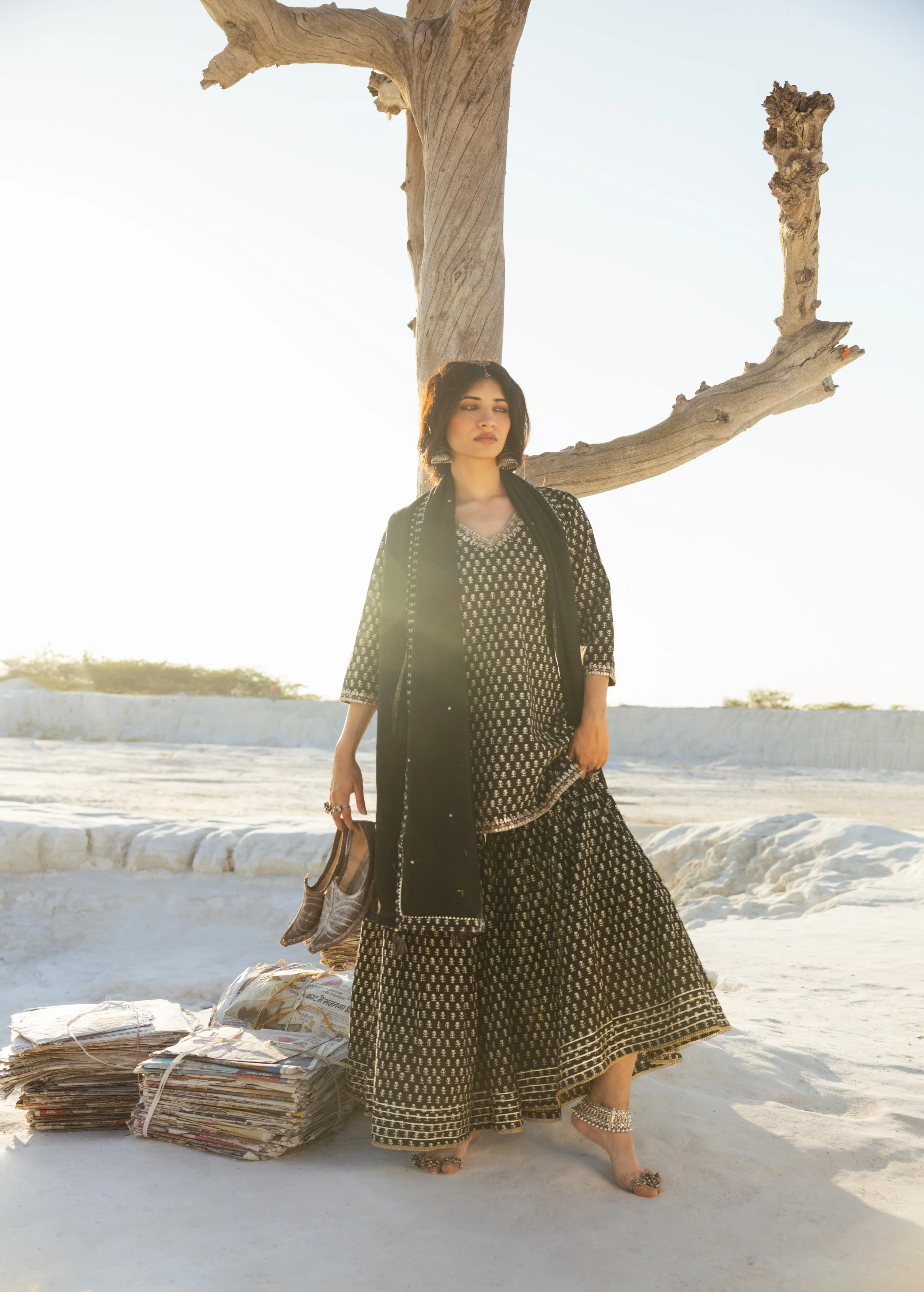 Black Block Printed Organic Cotton Sharara Set - Image 3