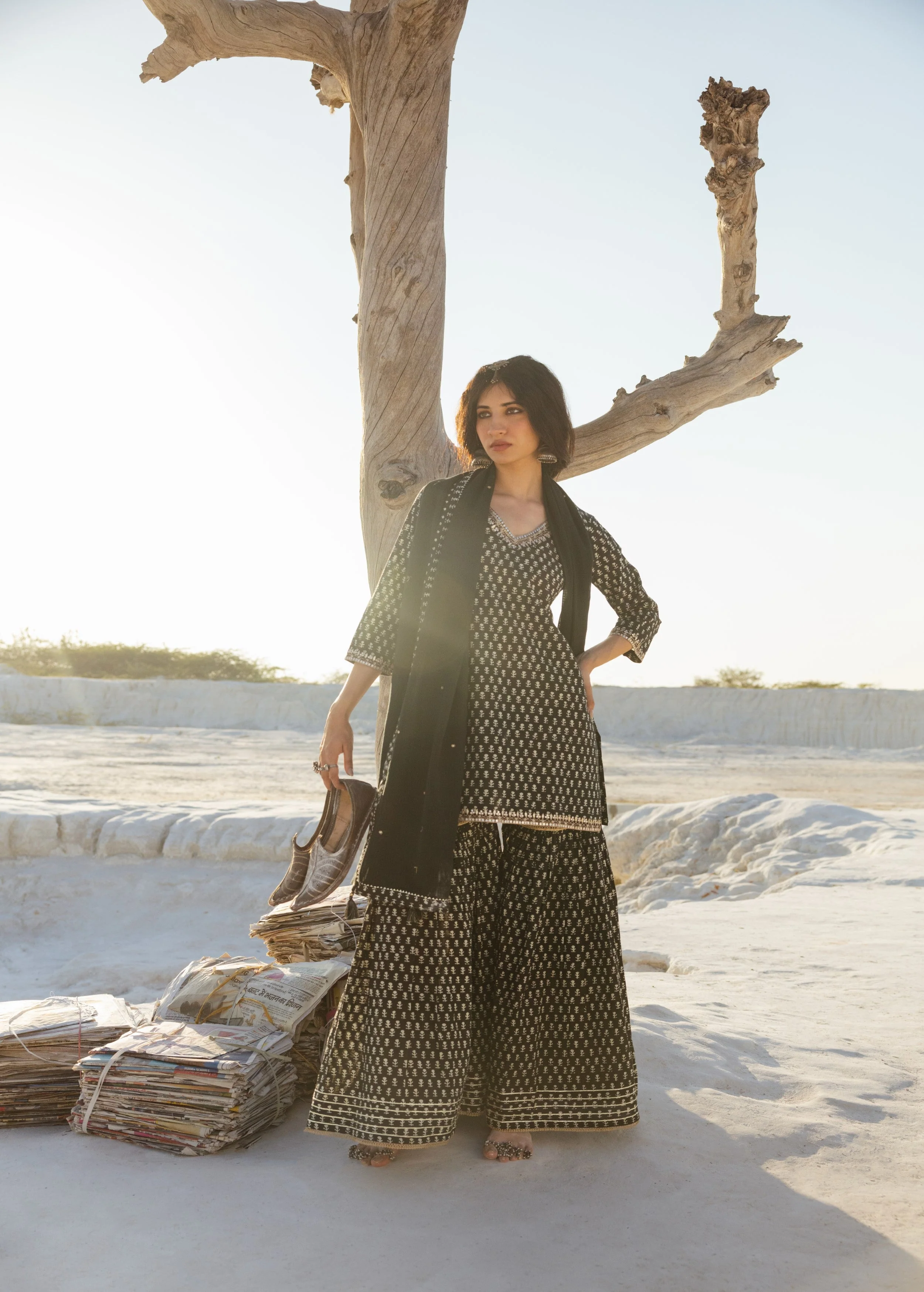 Black Block Printed Organic Cotton Sharara Set - Image 4