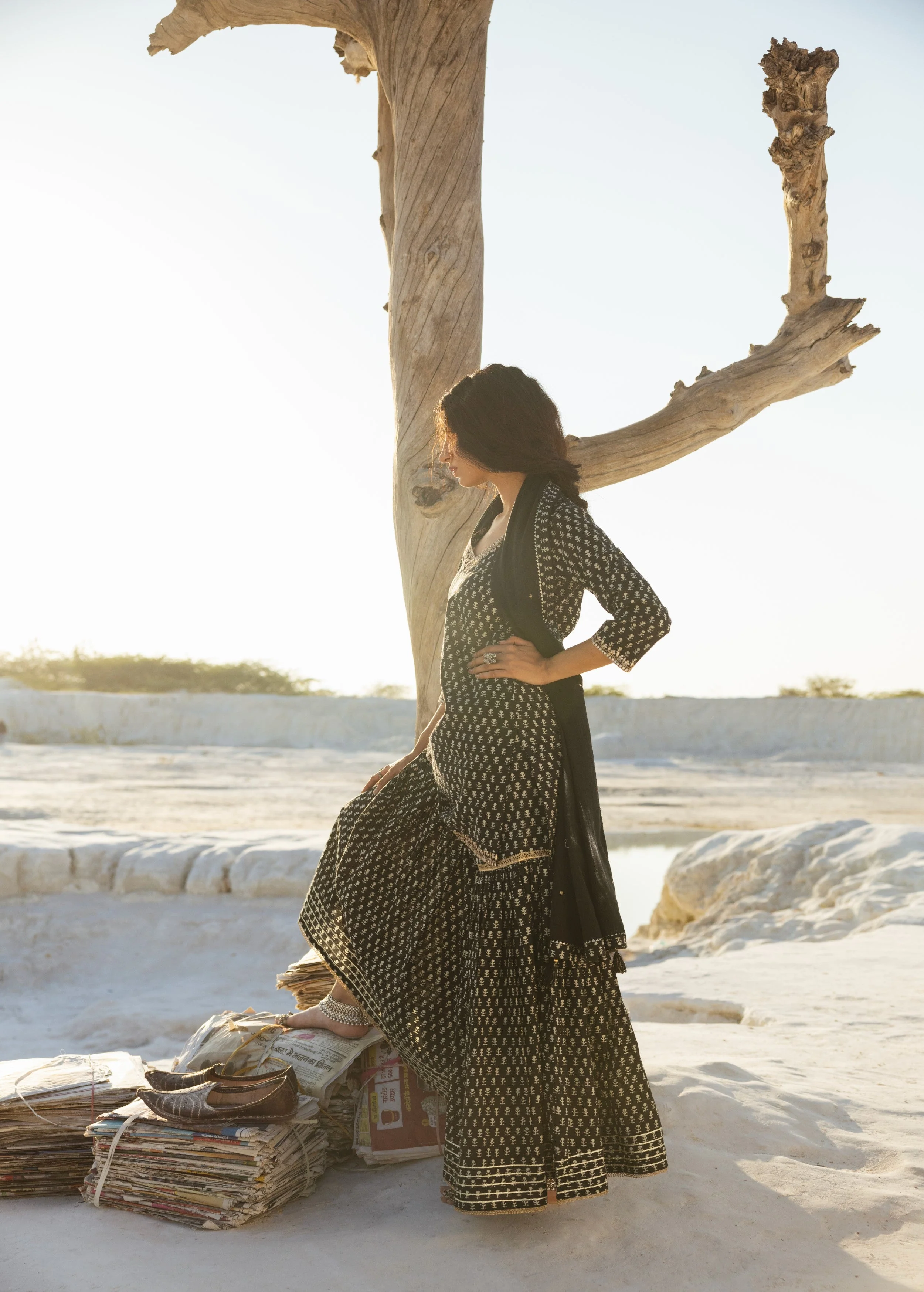 Black Block Printed Organic Cotton Sharara Set - Image 5
