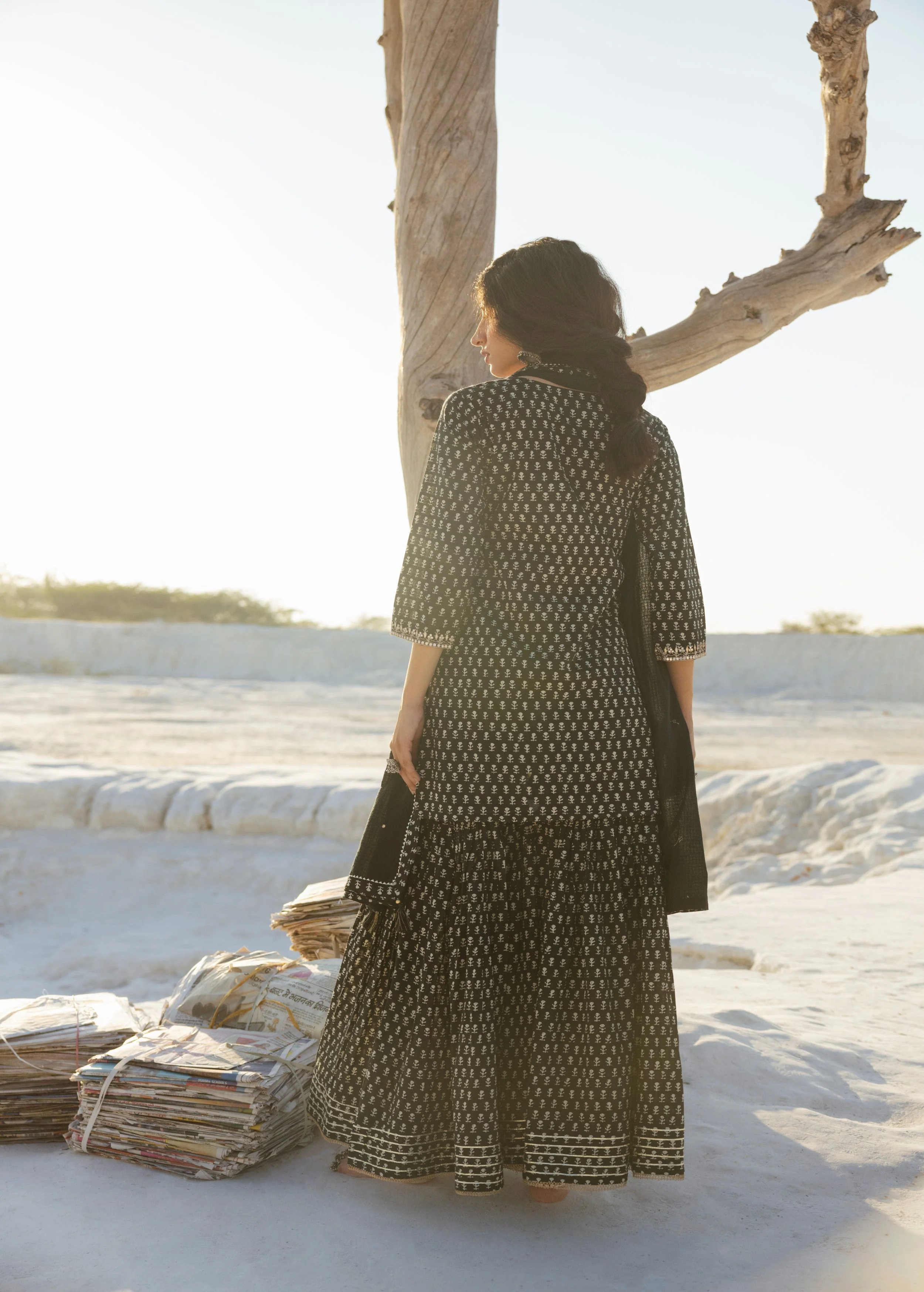 Black Block Printed Organic Cotton Sharara Set - Image 6