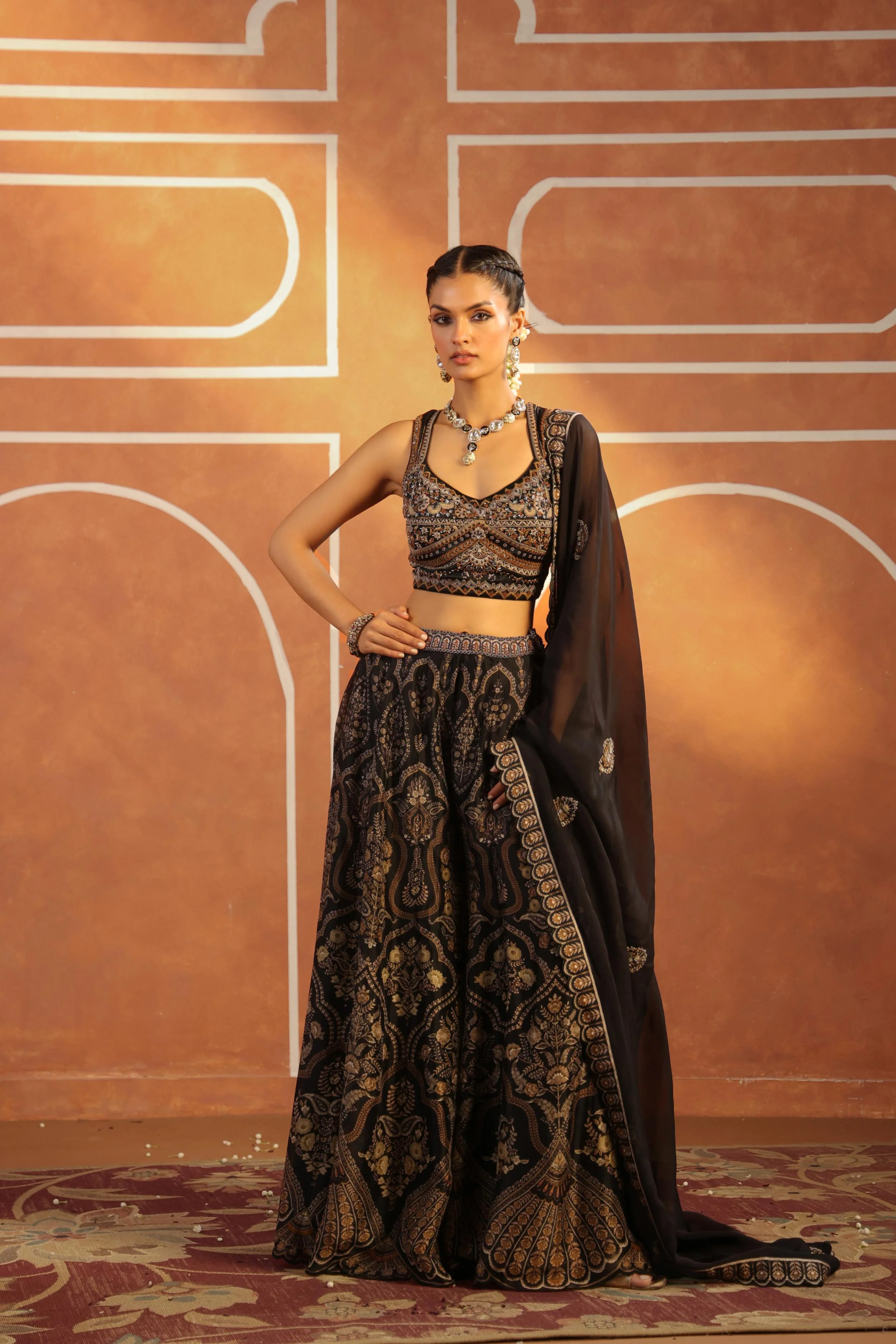 Black Printed Organza Silk Sharara Set - Image 3