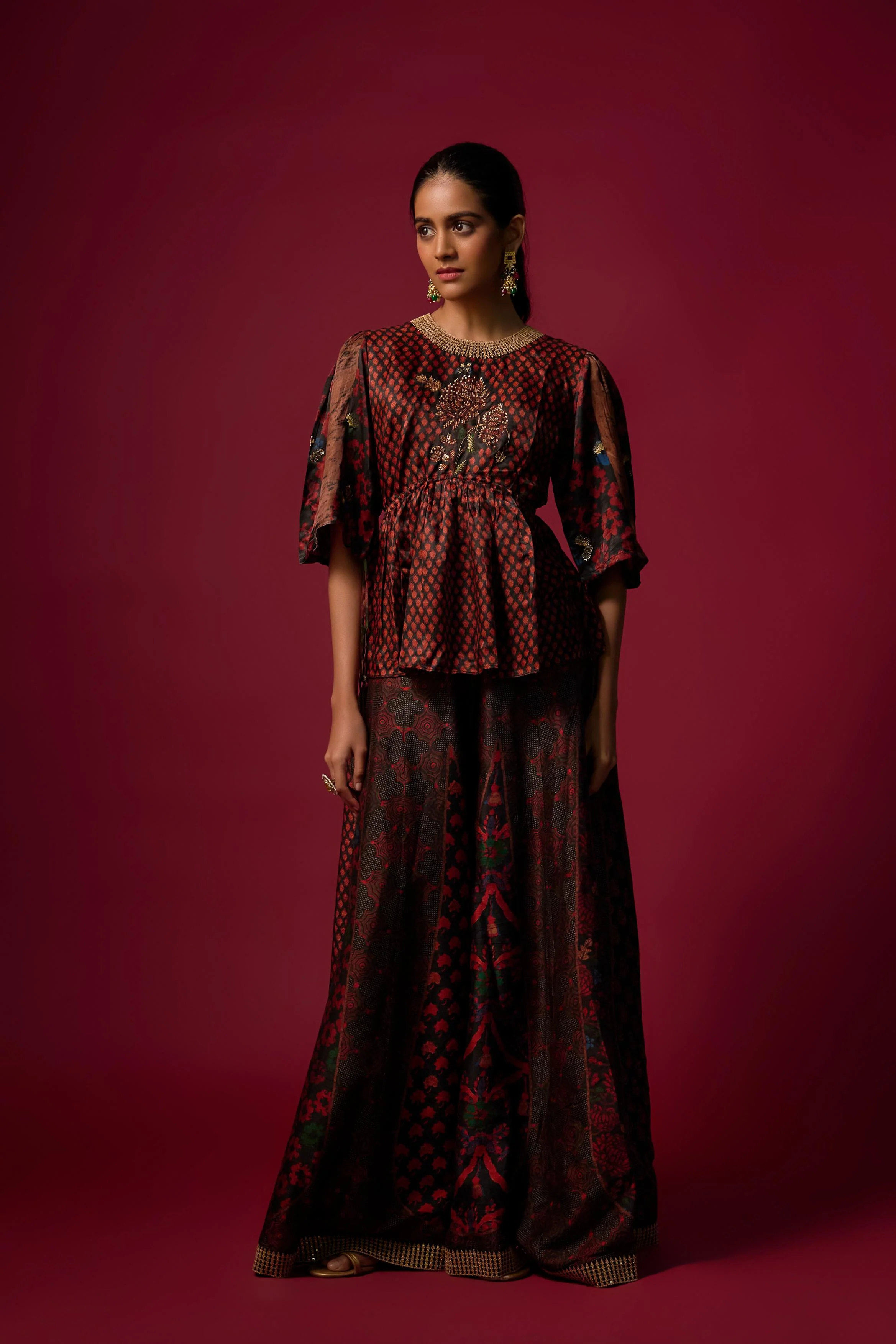 Black Printed Slub Cotton Silk Tunic Co-Ord Set