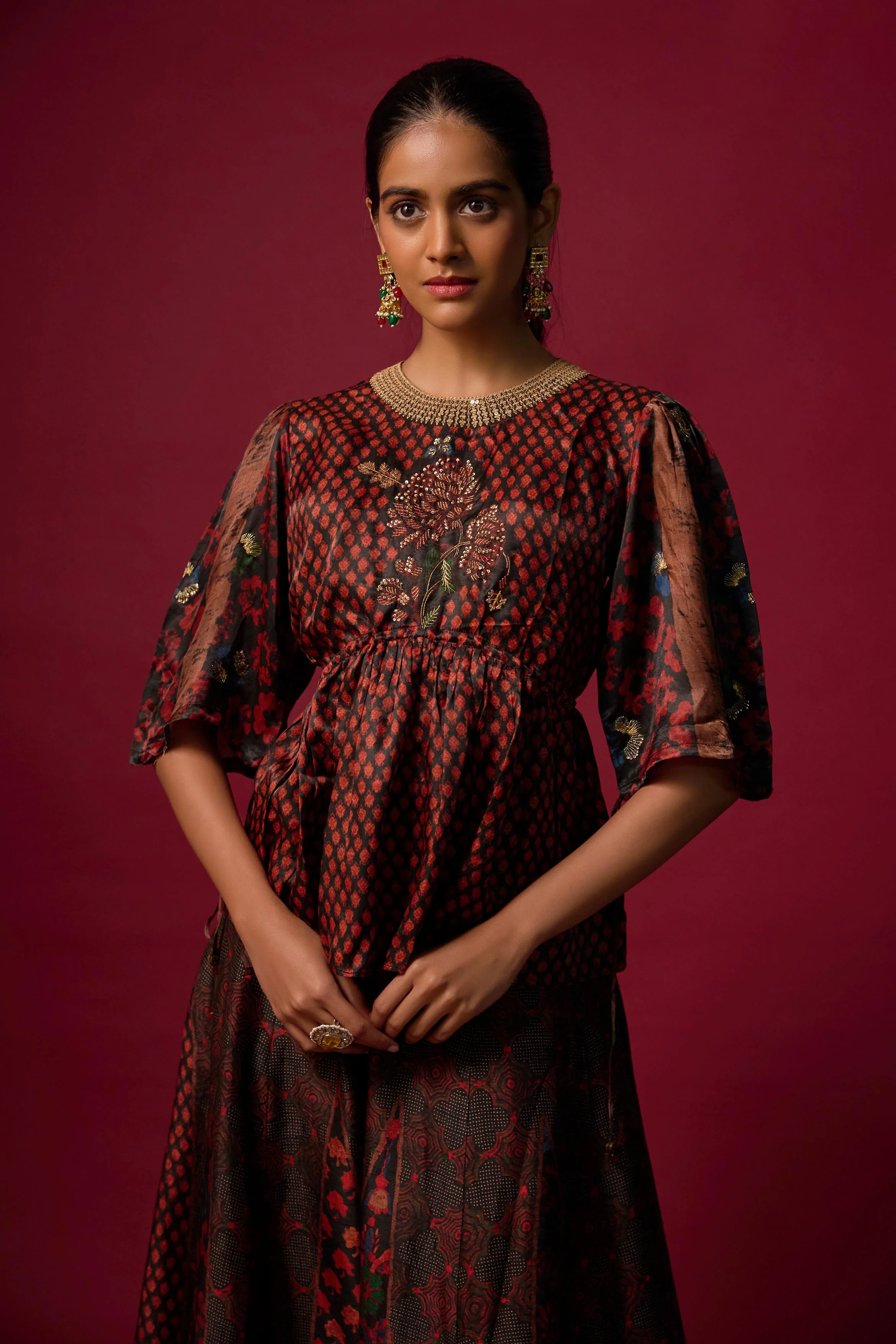 Black Printed Slub Cotton Silk Tunic Co-Ord Set - Image 2