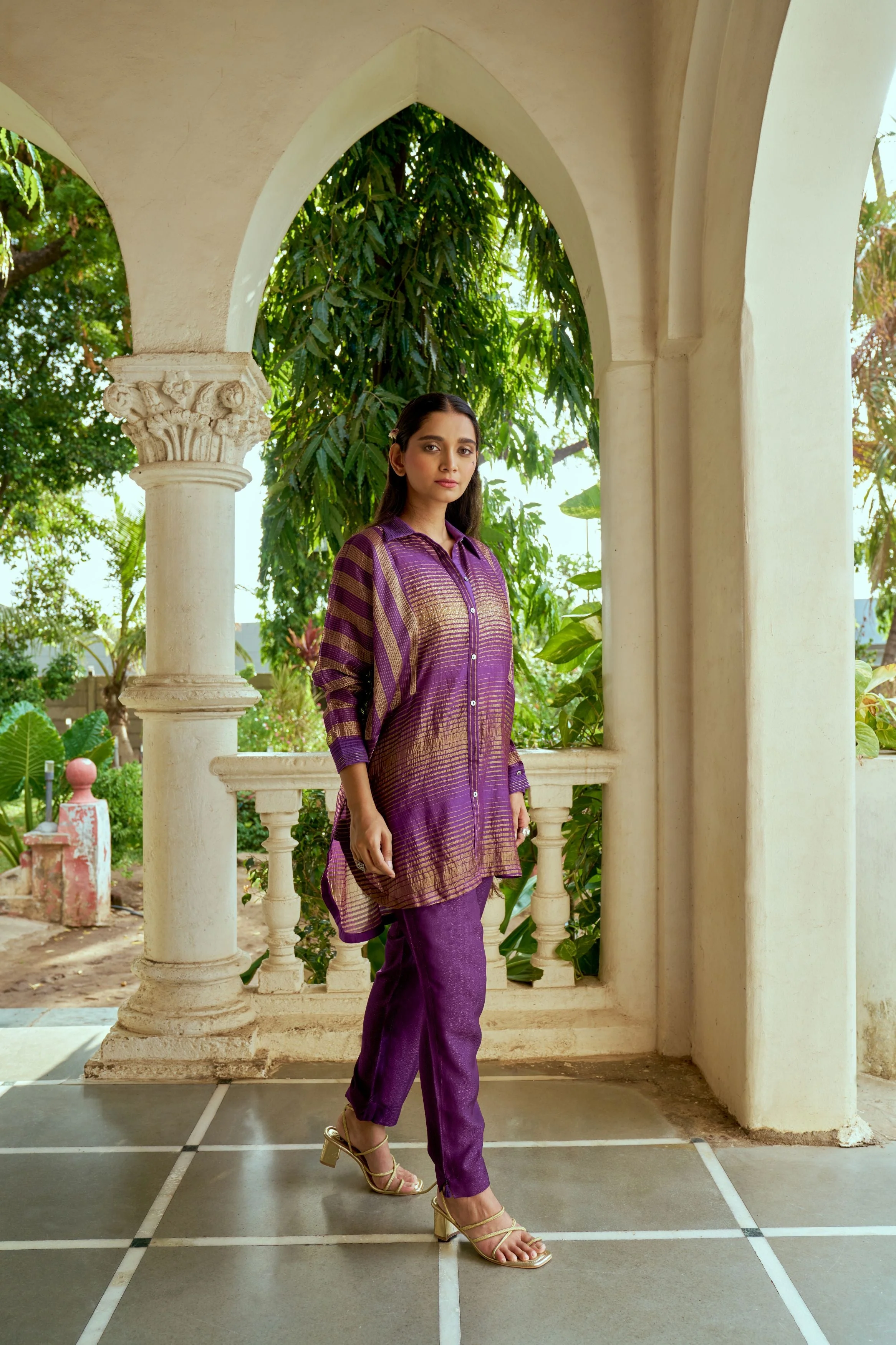 Soft Purple Printed  Slub Cotton Silk Tunic Top - Image 2