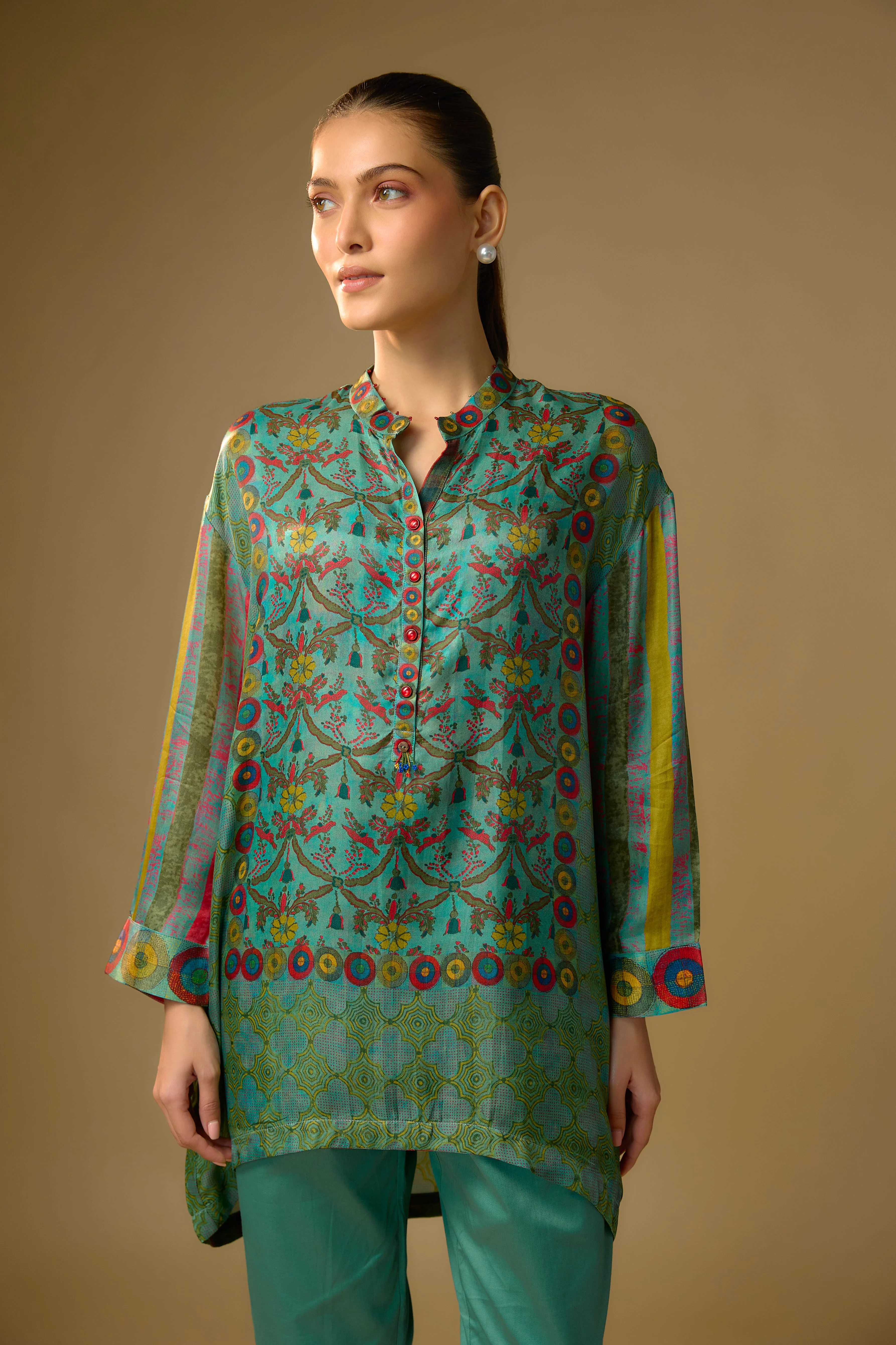 English Blue Printed Slub Cotton Silk Tunic Top - Image 2