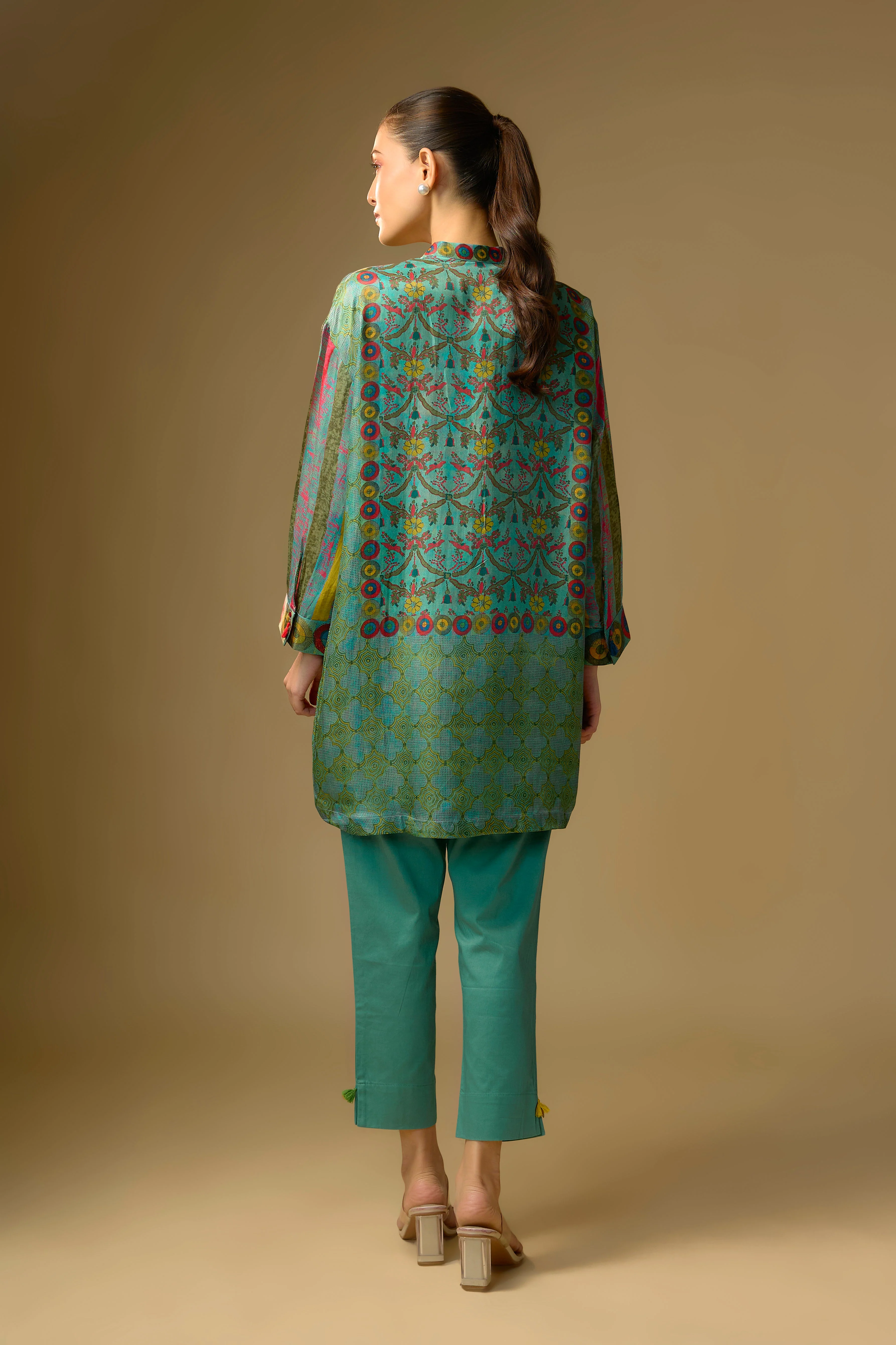 English Blue Printed Slub Cotton Silk Tunic Top - Image 3