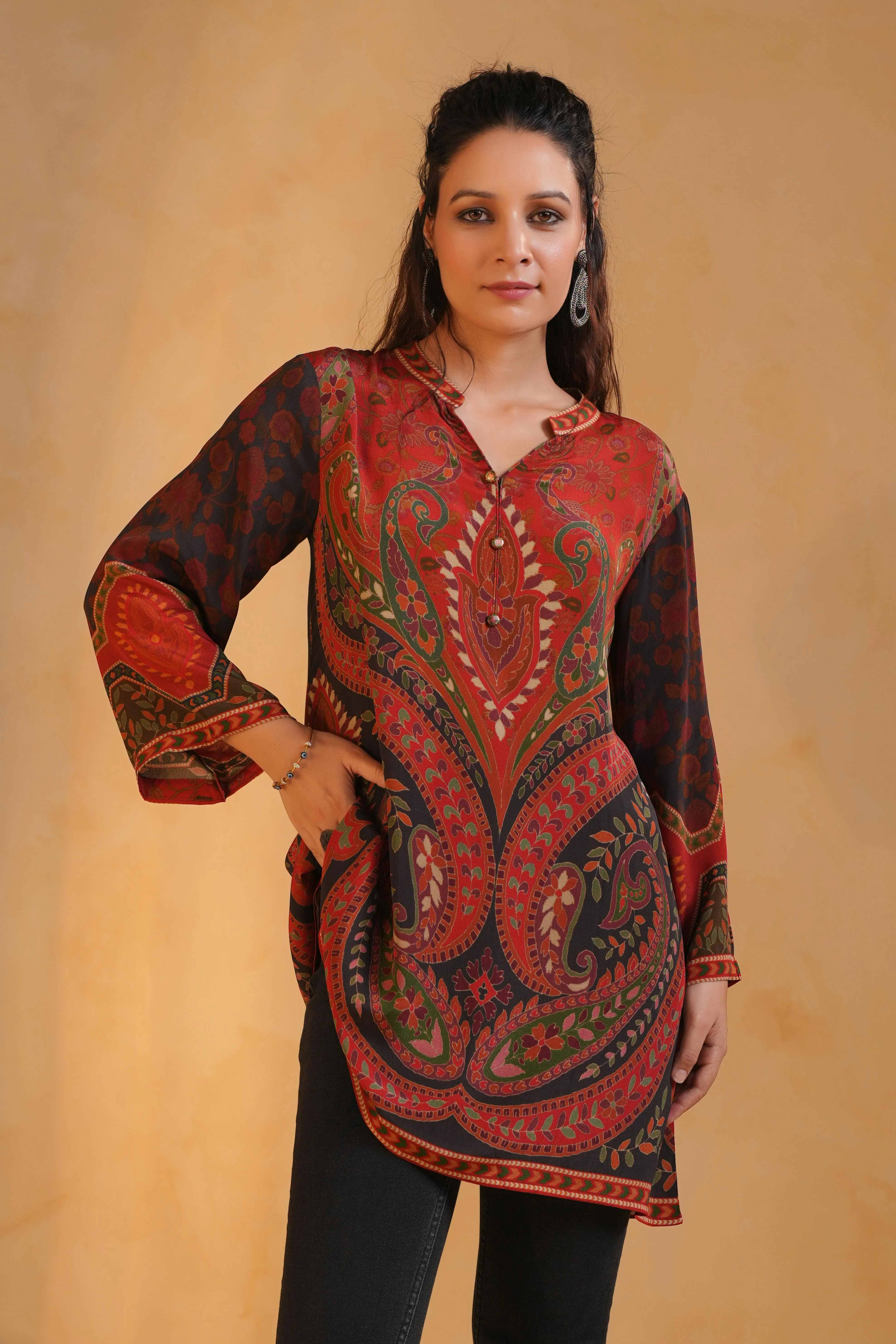 Rust Red Printed Crepe Silk Top - Image 2