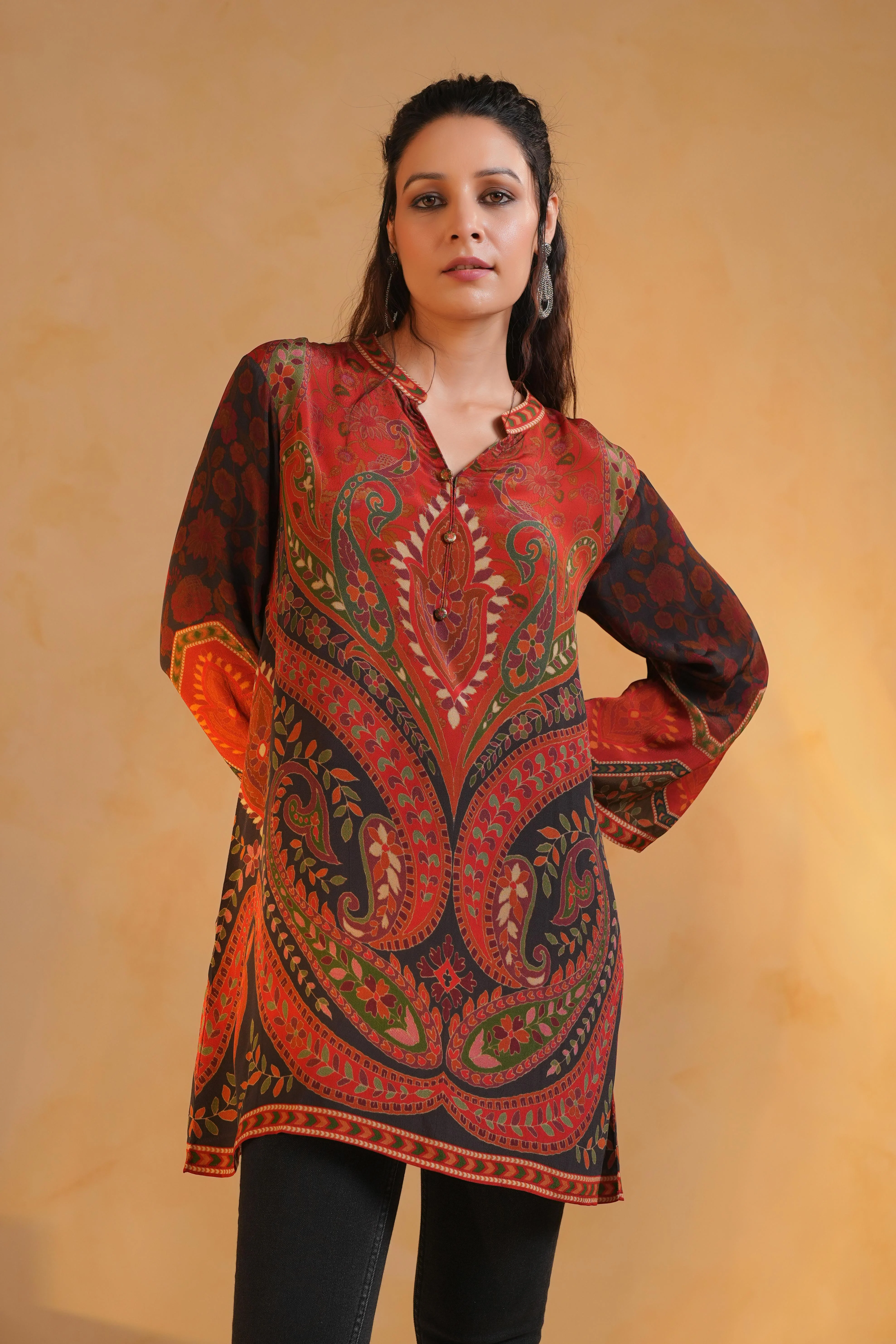 Rust Red Printed Crepe Silk Top - Image 3
