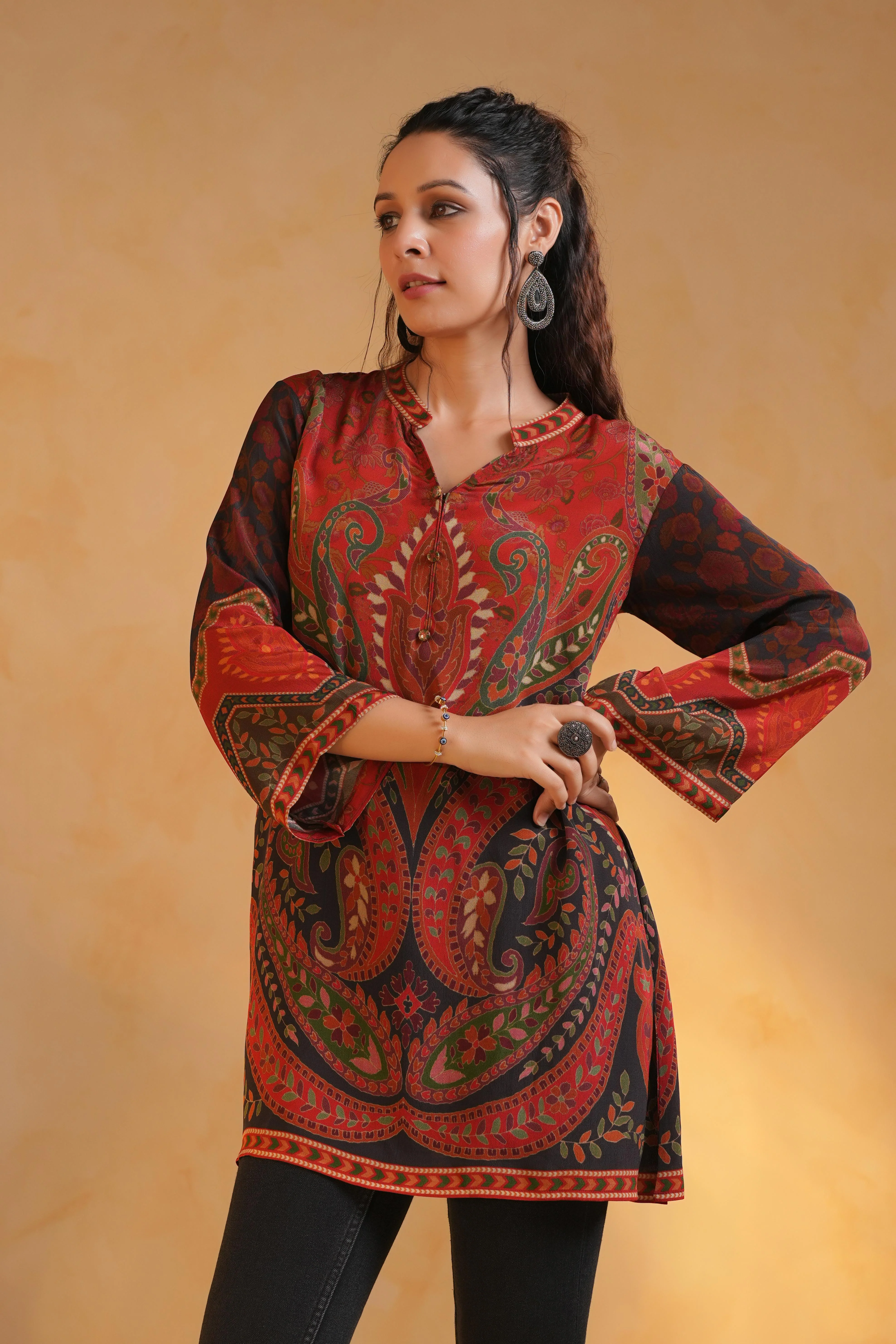 Rust Red Printed Crepe Silk Top - Image 4