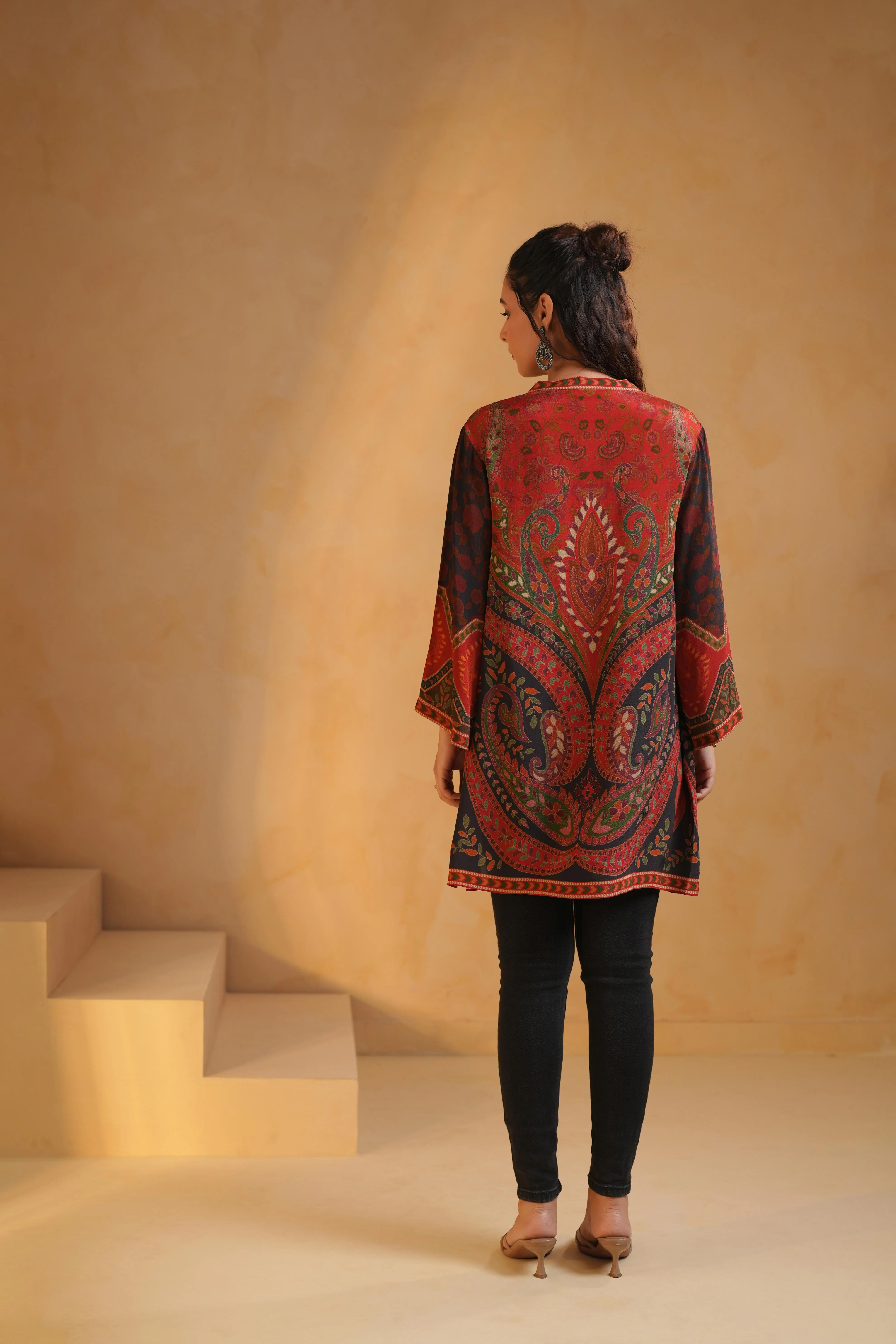 Rust Red Printed Crepe Silk Top - Image 5