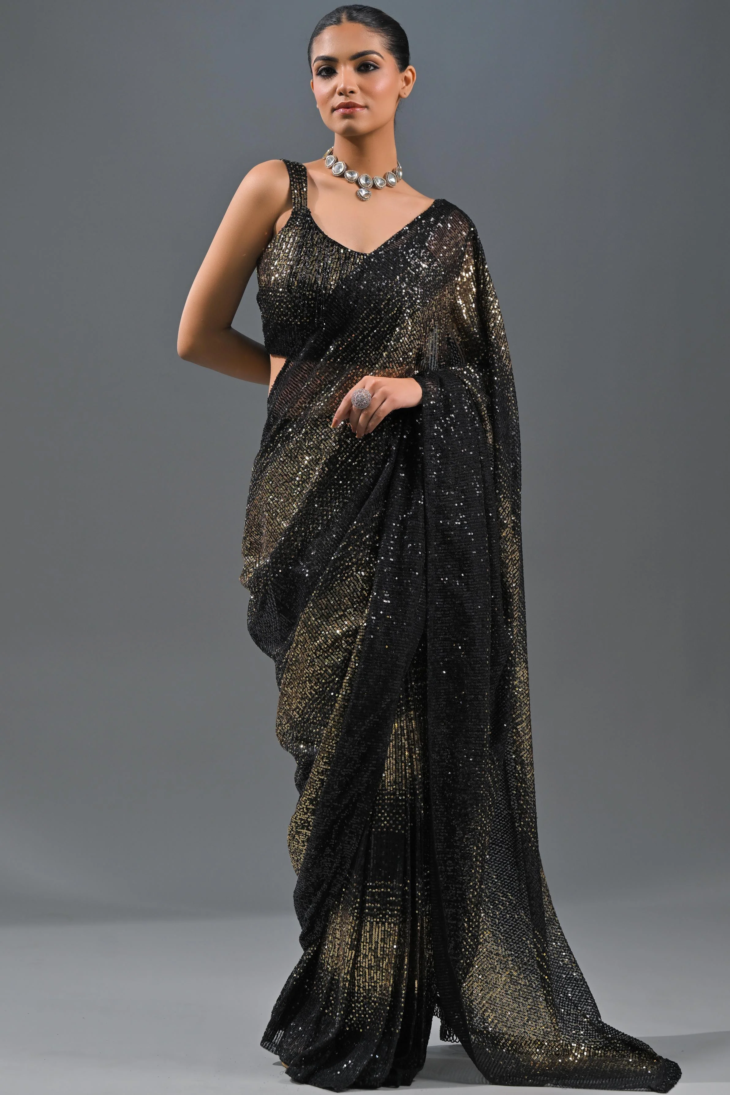 Black Sequin Embellished Net Saree - Image 2