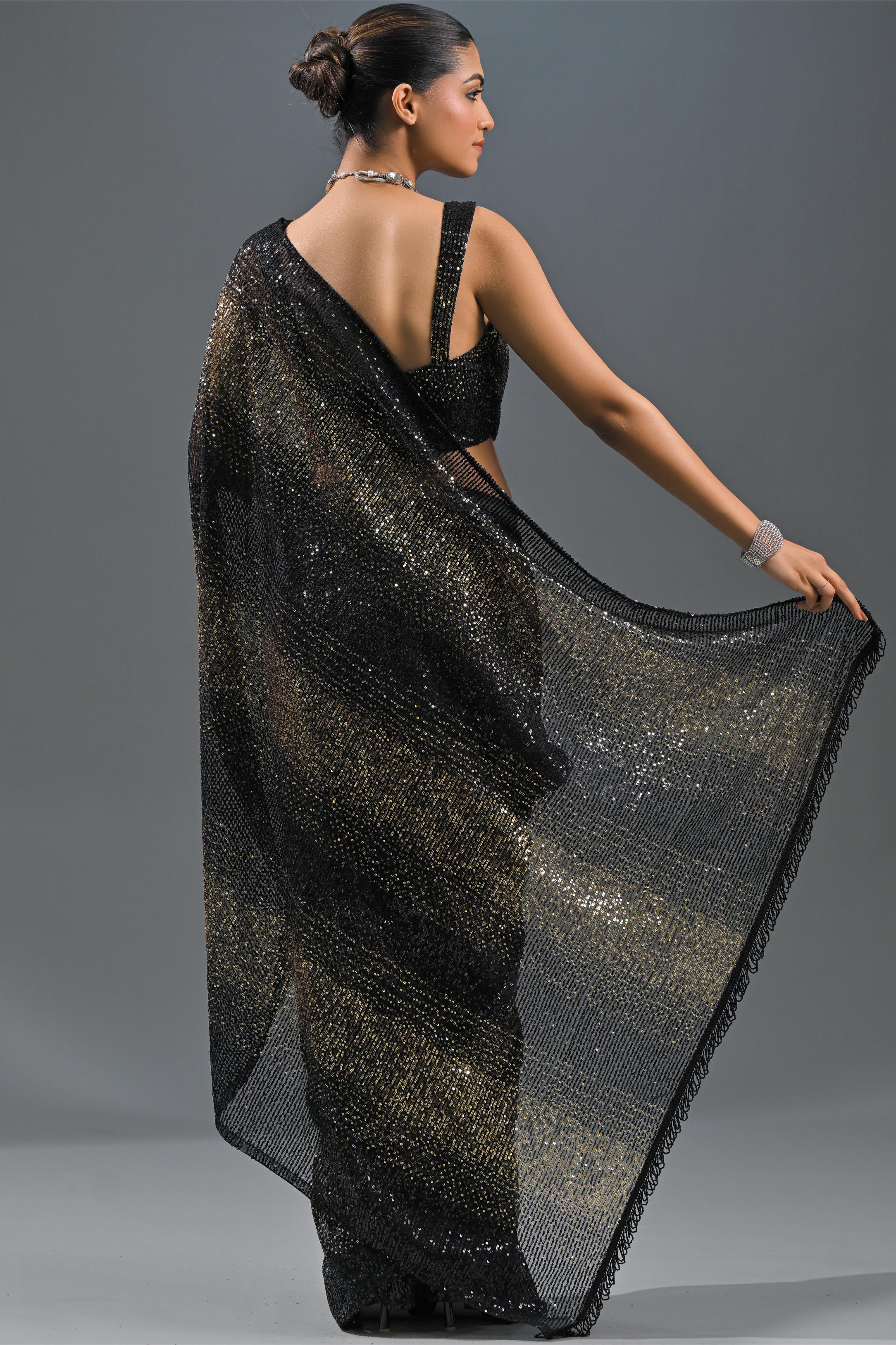 Black Sequin Embellished Net Saree - Image 5