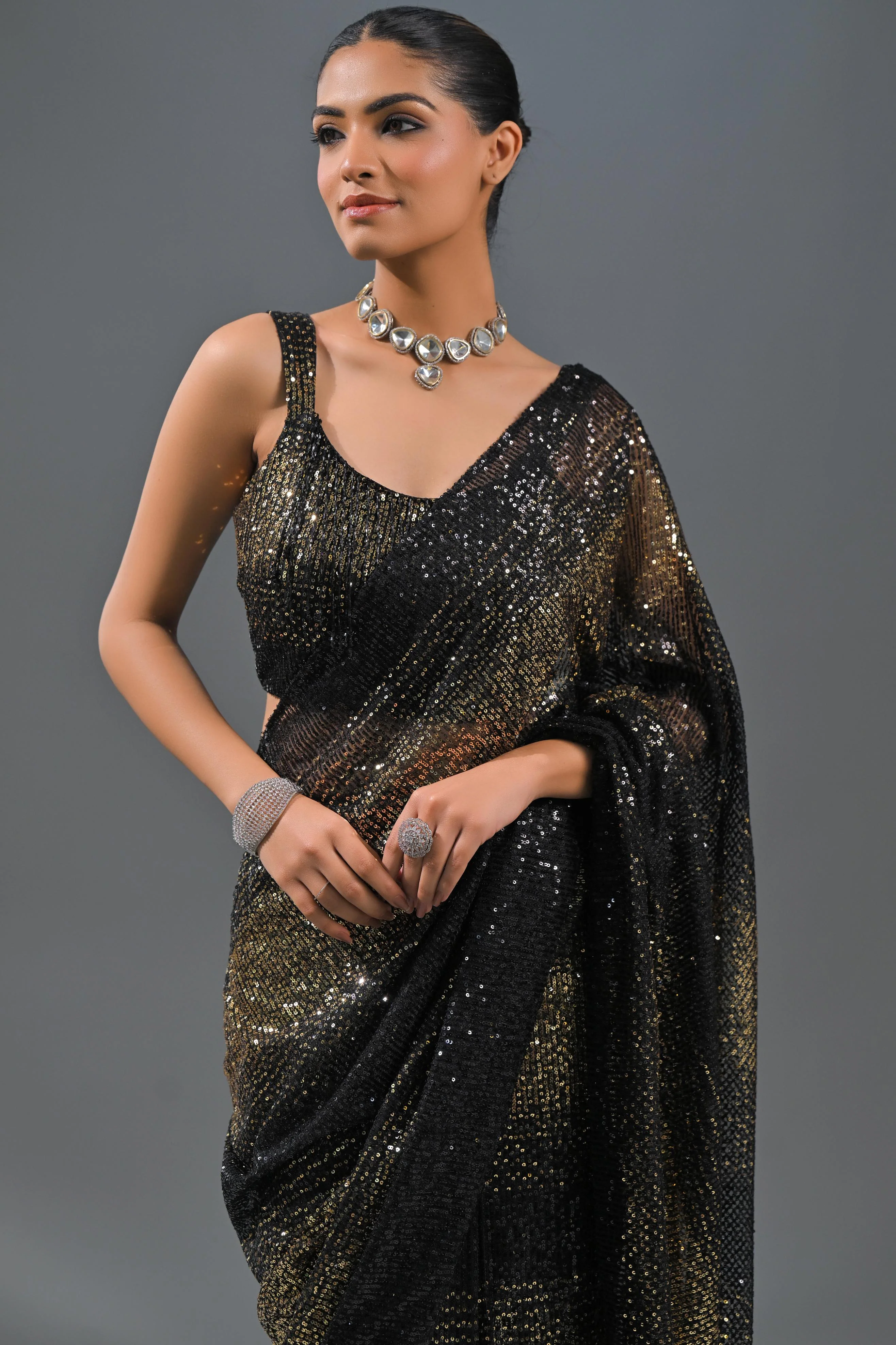 Black Sequin Embellished Net Saree - Image 7