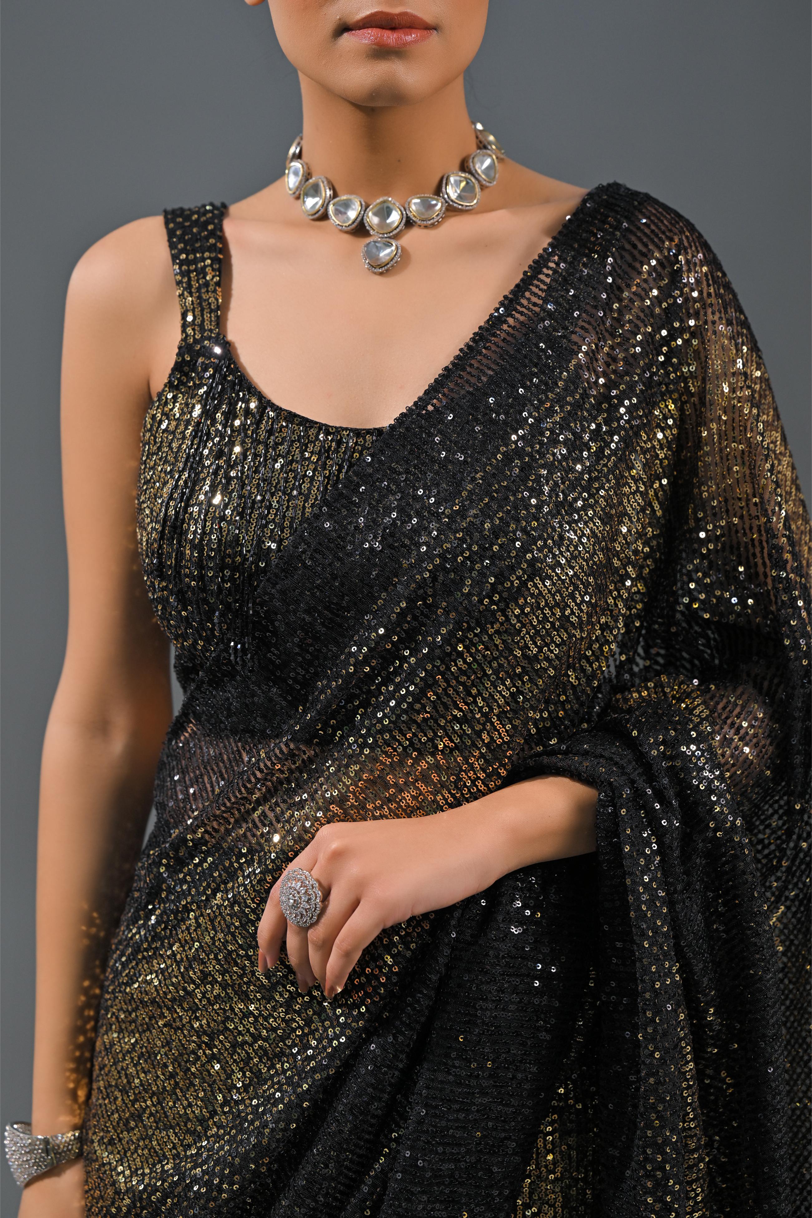Black Sequin Embellished Net Saree - Image 8