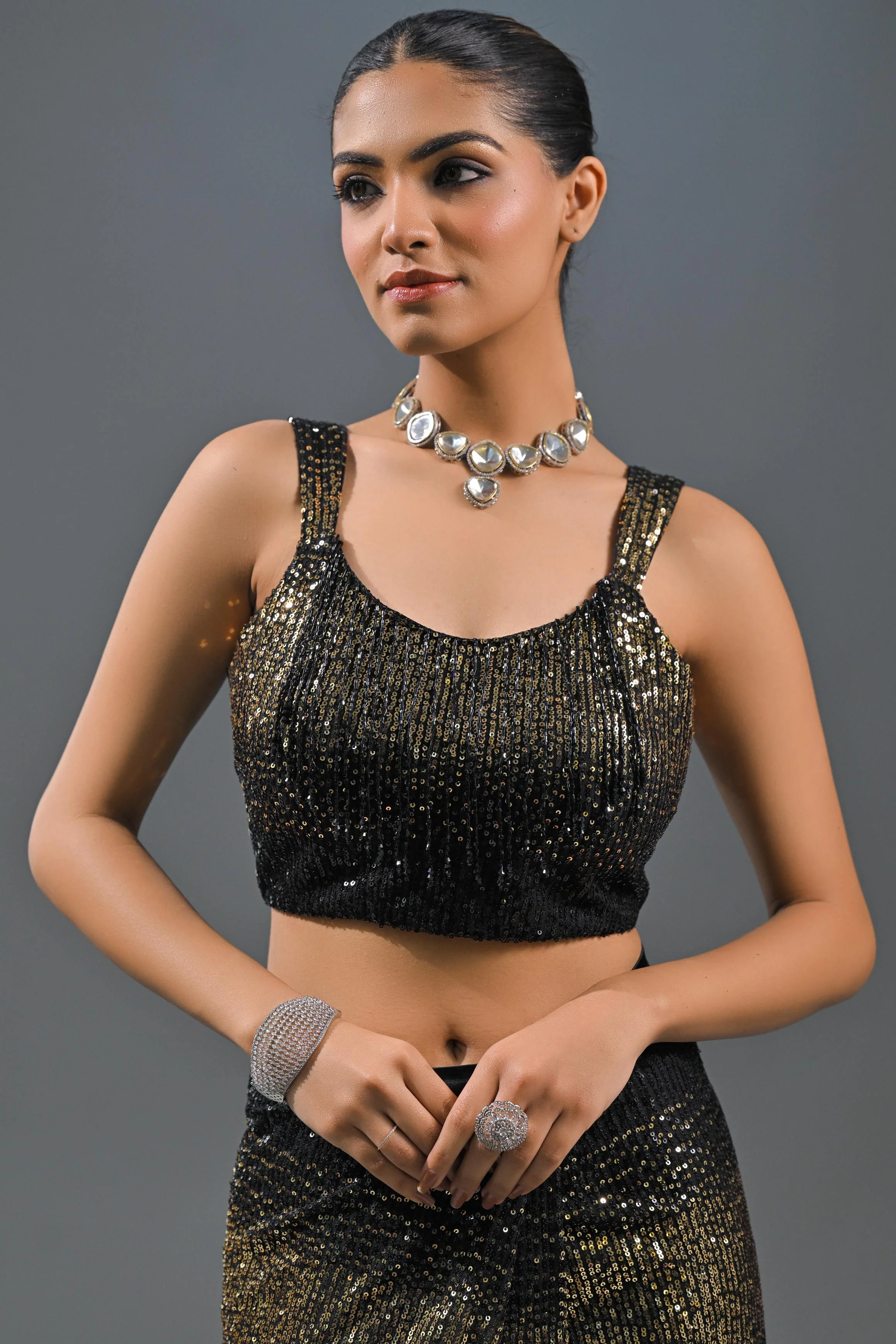 Black Sequin Embellished Net Saree - Image 9