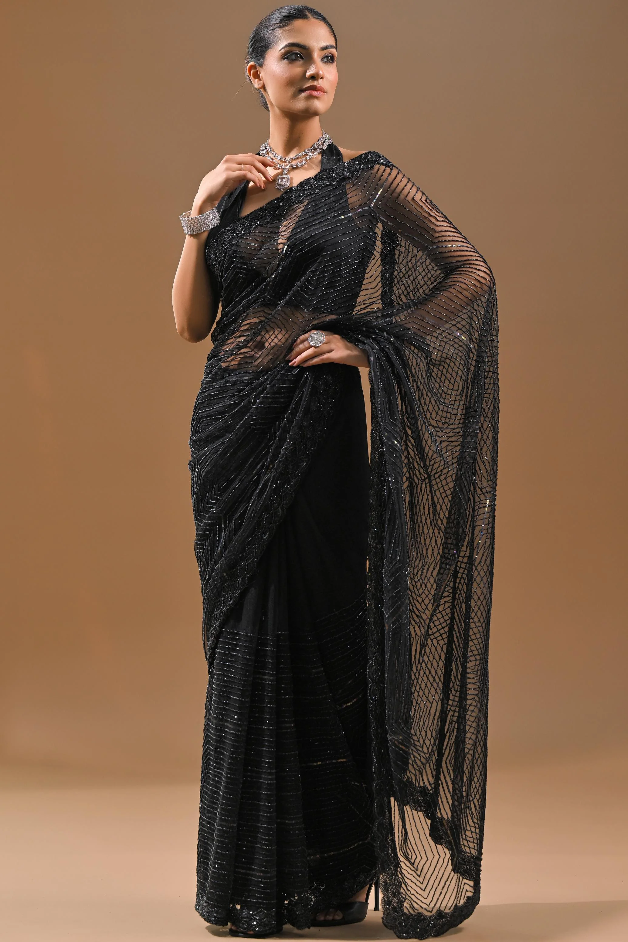 Black Sequins Embellished Net Saree - Image 3
