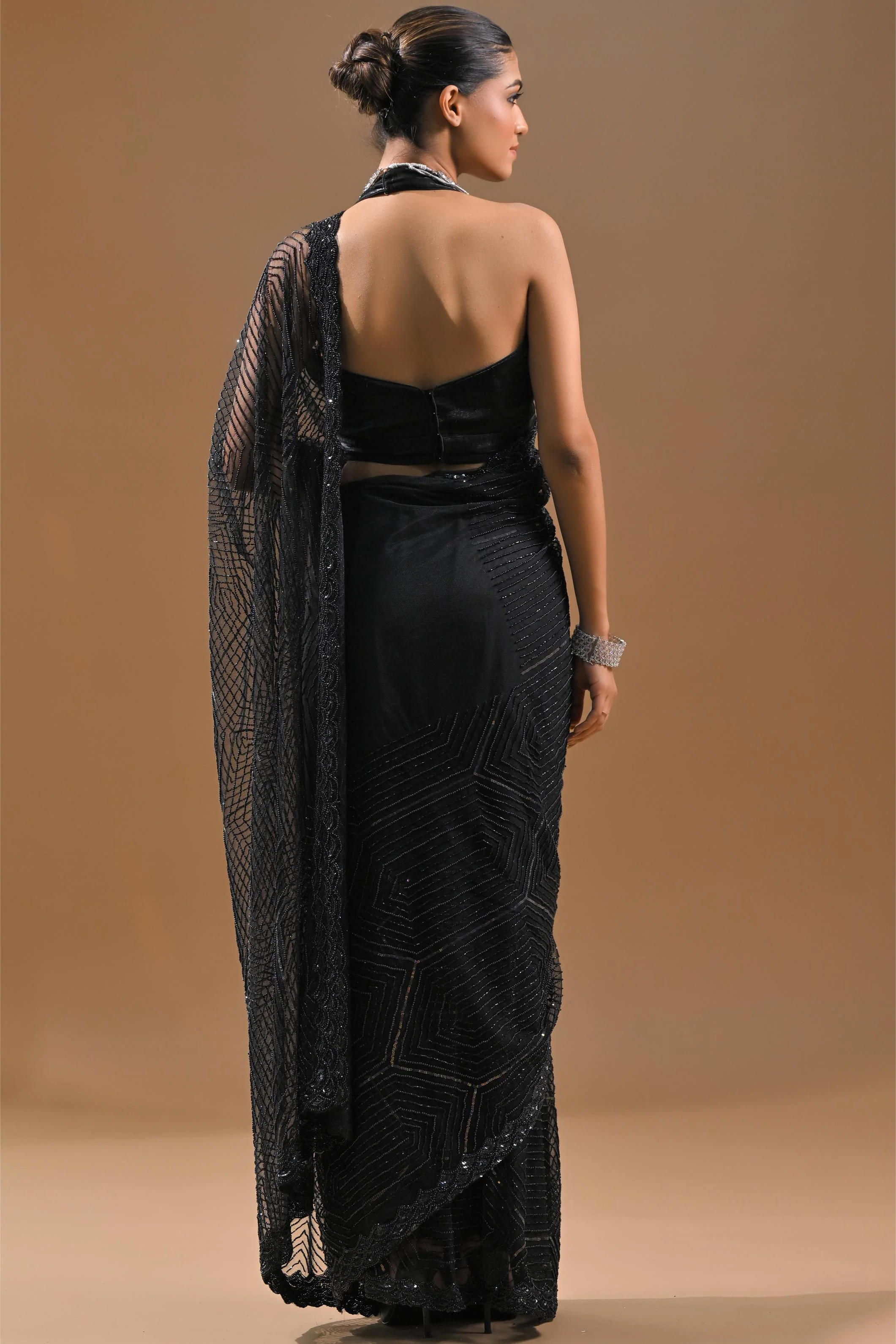 Black Sequins Embellished Net Saree - Image 4
