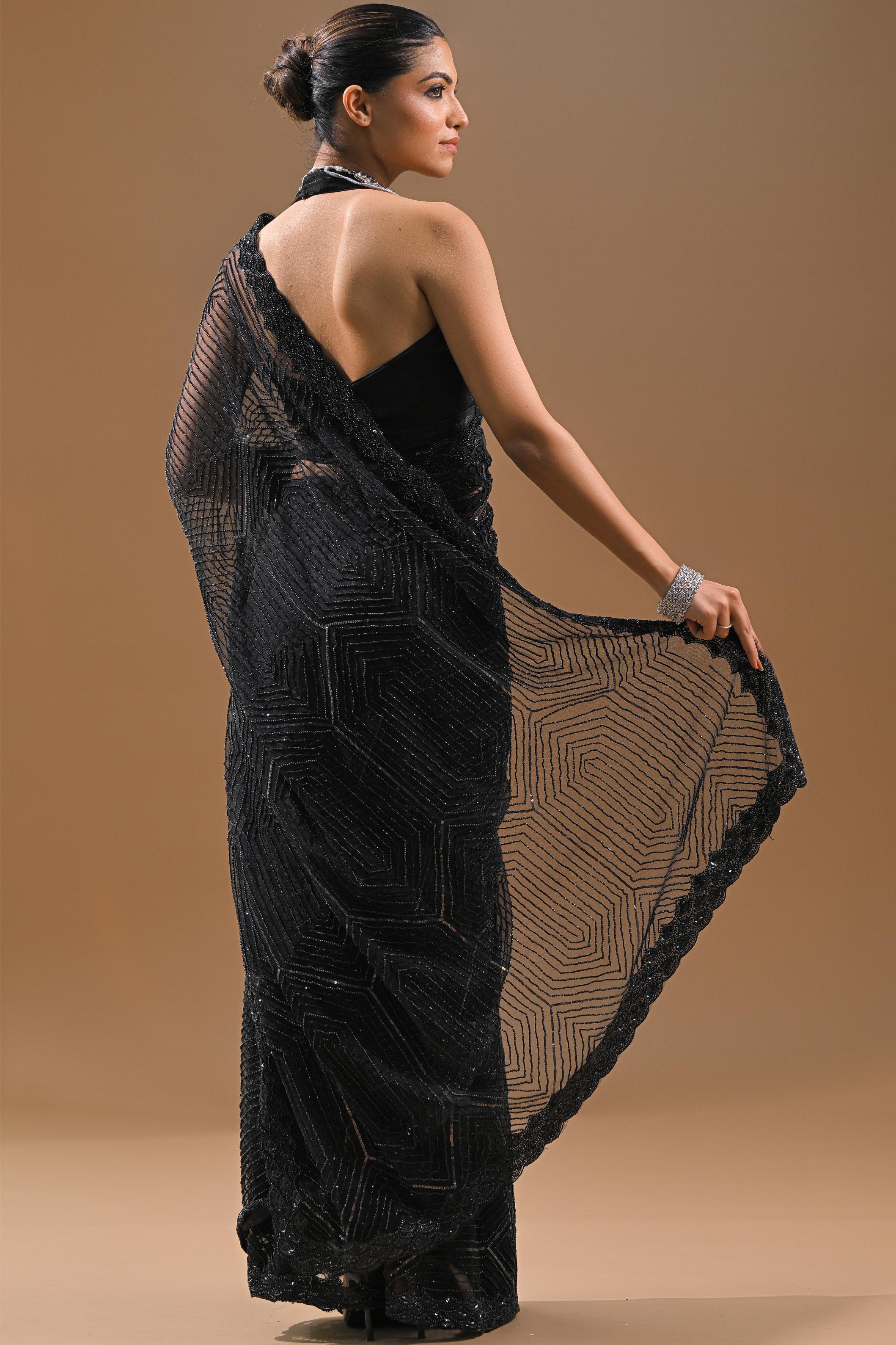 Black Sequins Embellished Net Saree - Image 5