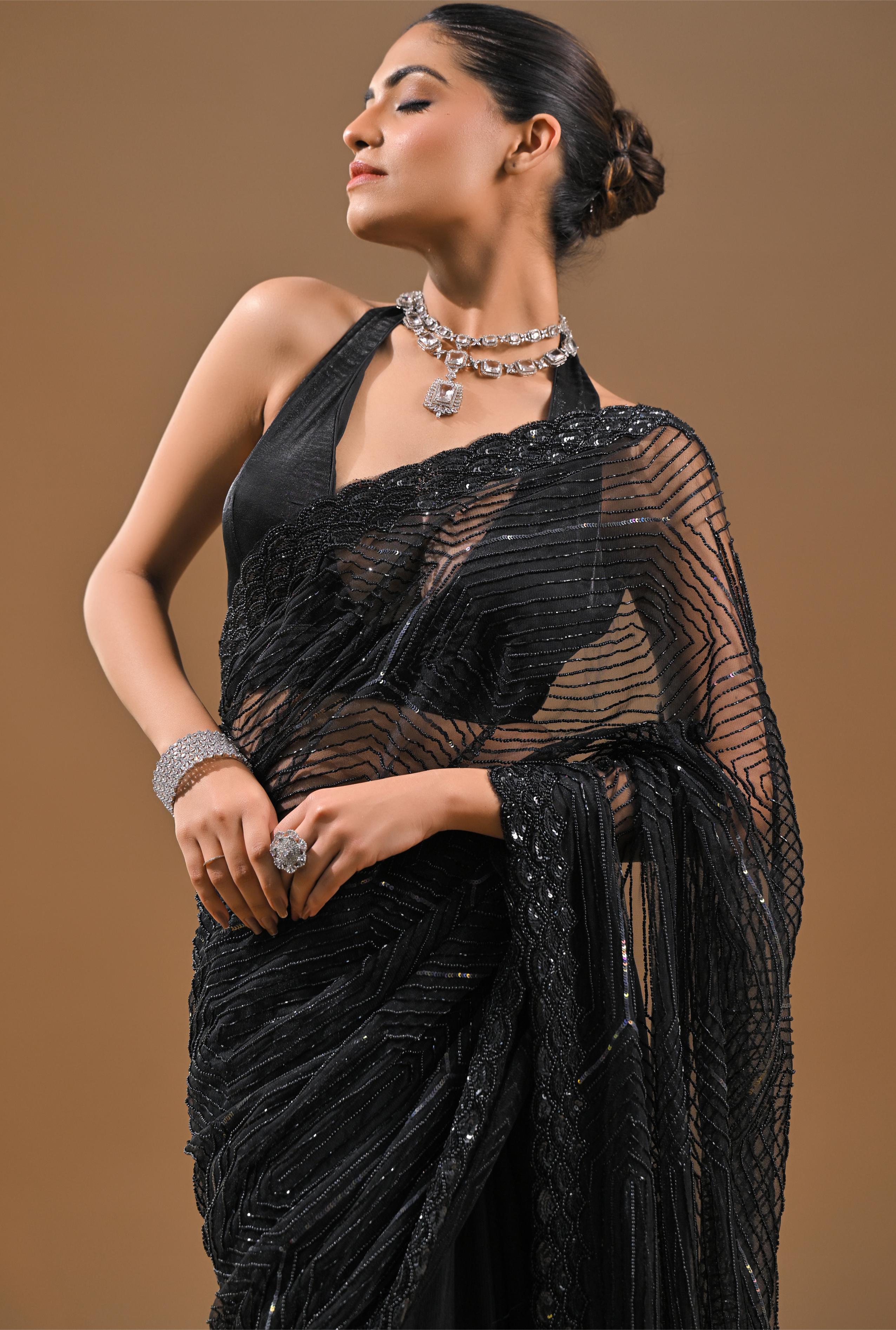 Black Sequins Embellished Net Saree - Image 6