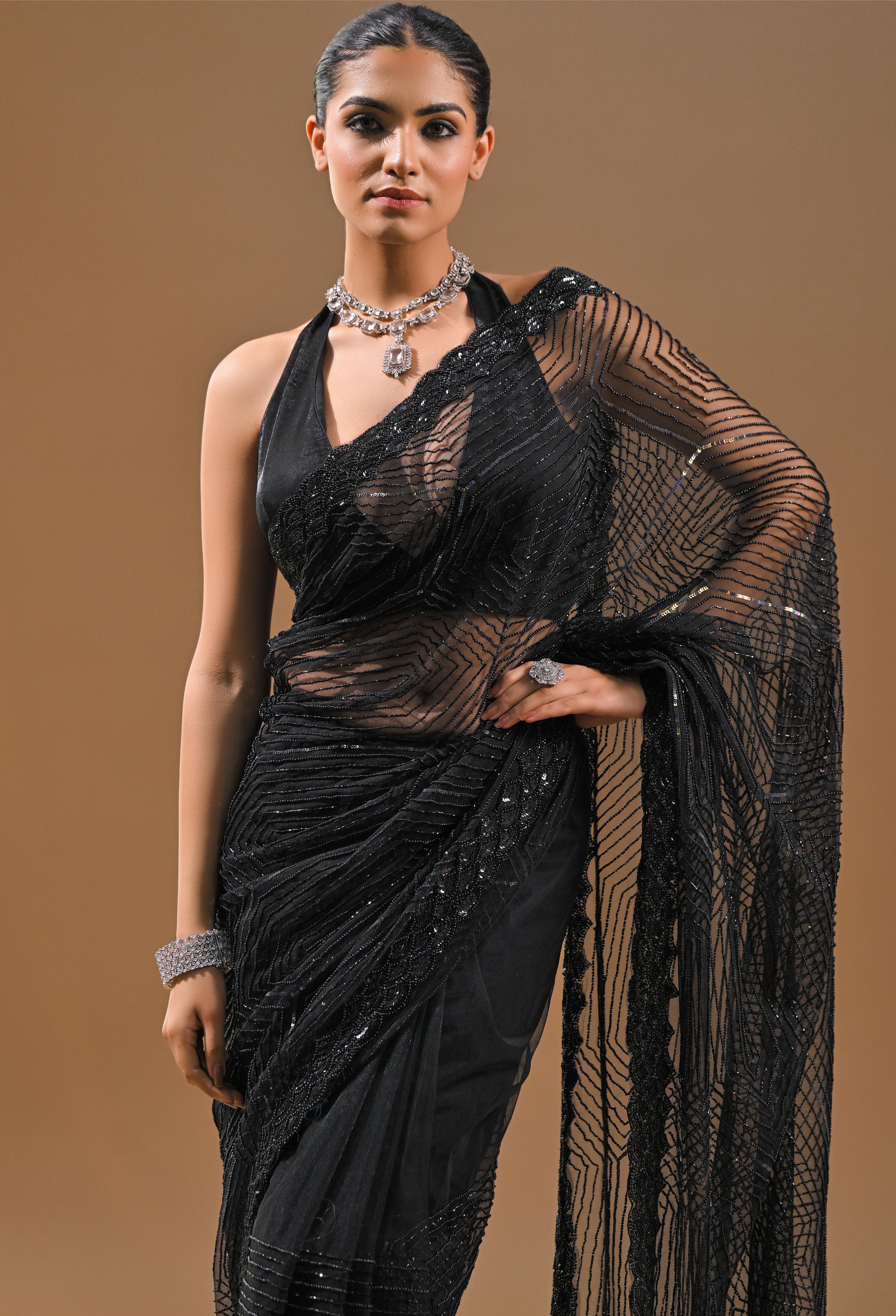 Black Sequins Embellished Net Saree - Image 7