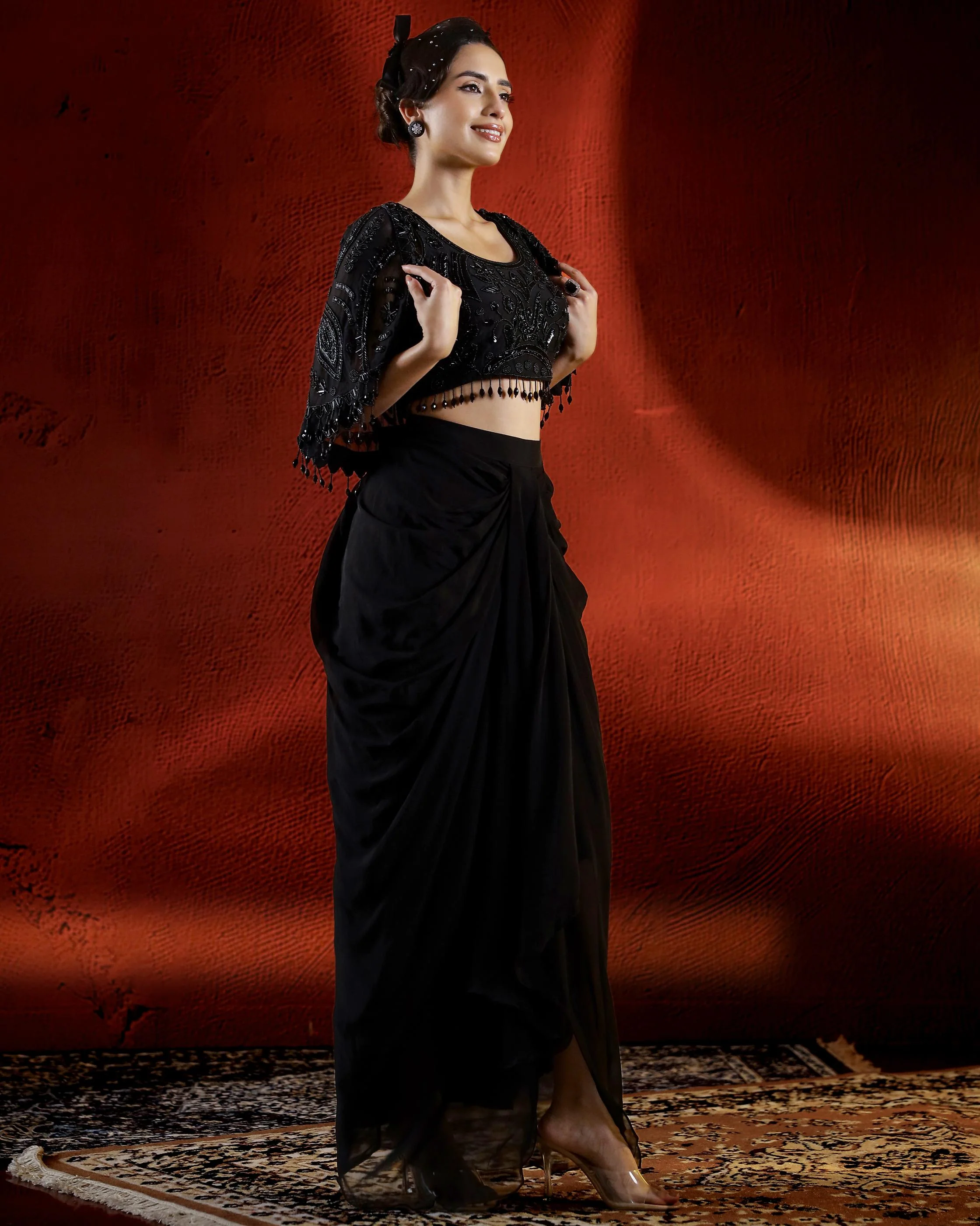 Black Sequin Embellished Skirt Set with Cape - Image 3
