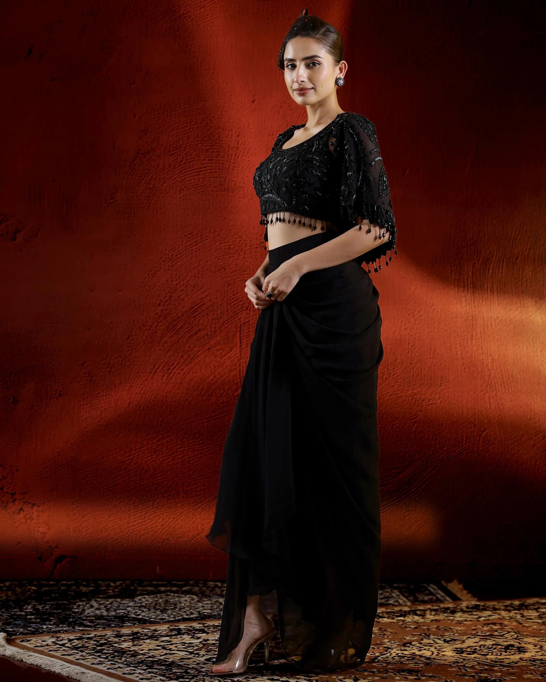 Black Sequin Embellished Skirt Set with Cape - Image 4