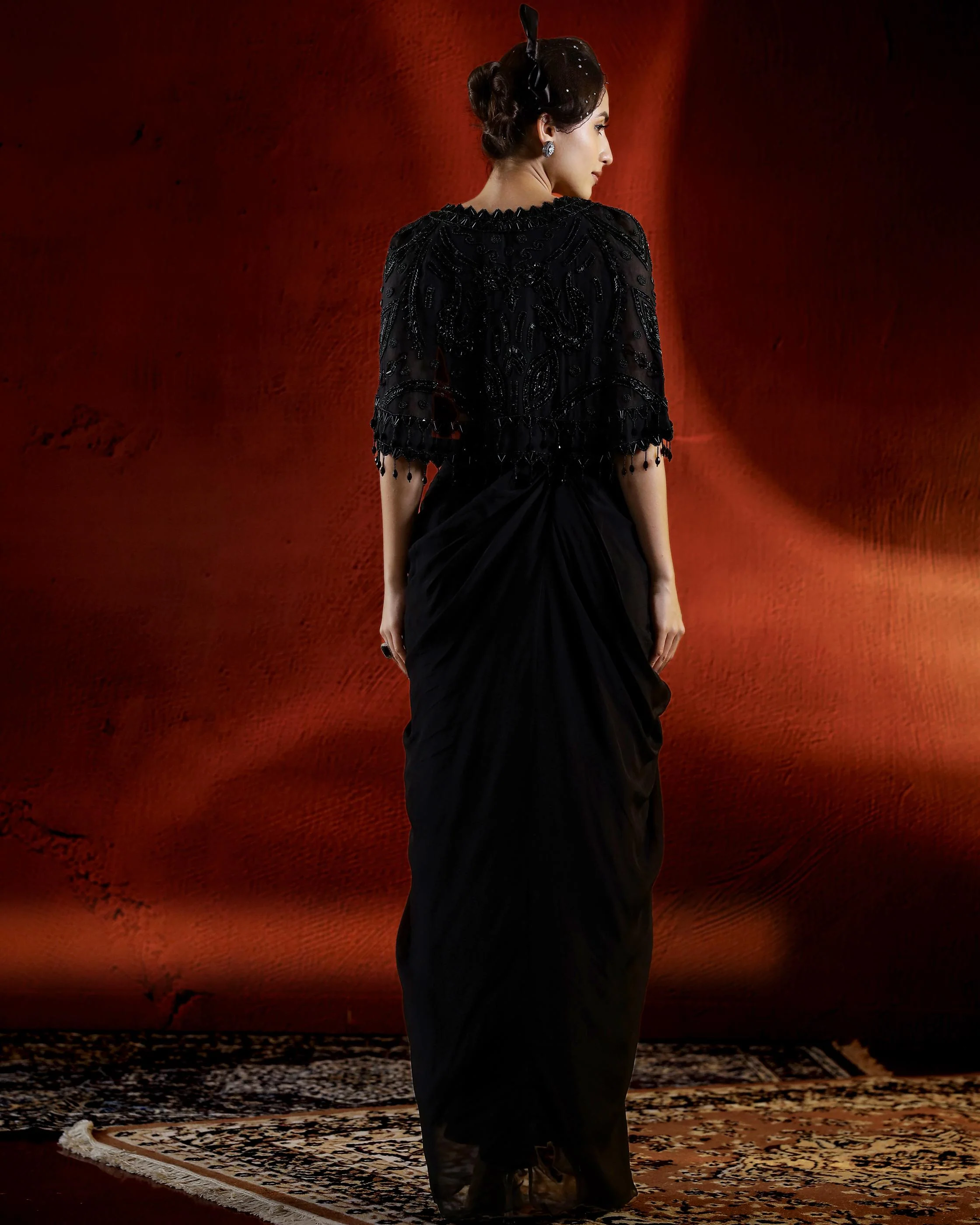 Black Sequin Embellished Skirt Set with Cape - Image 5