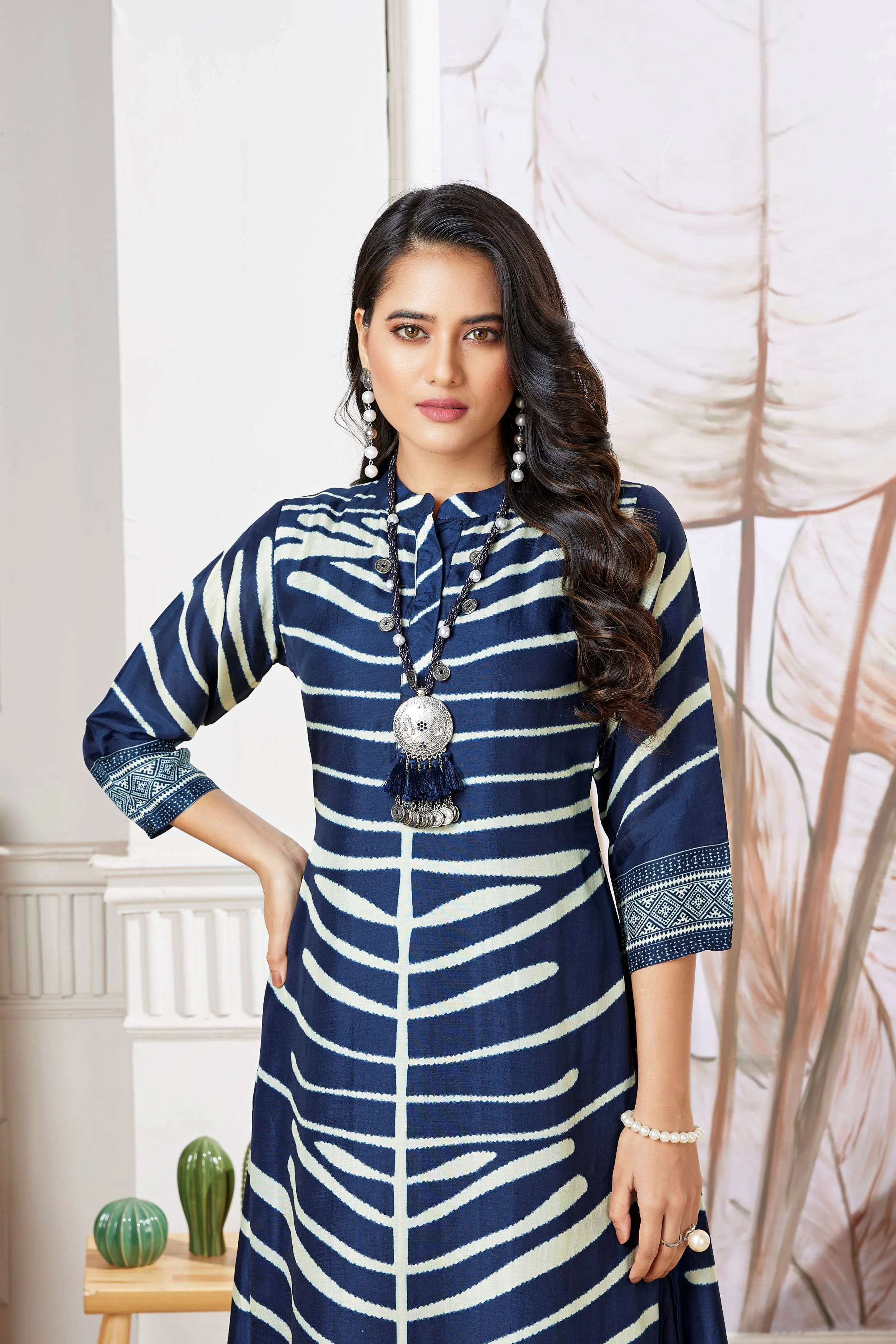 Blue Striped Printed Muslin Silk Kurta Pant Set - Image 2