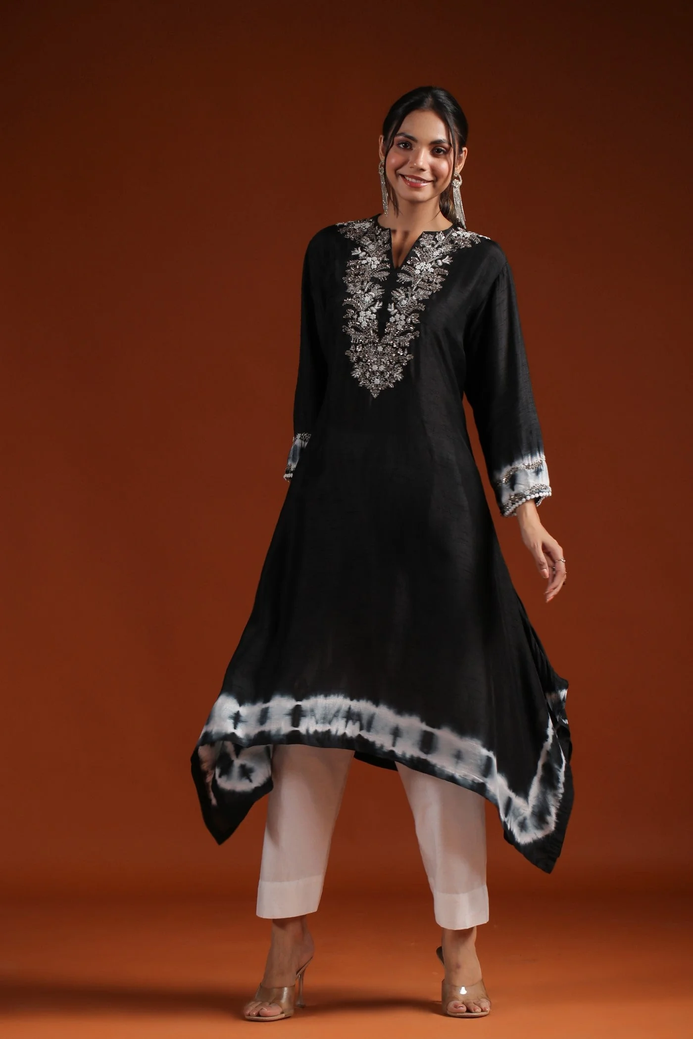 Black Tie Dyed Embellished Kurta & Pant - Image 3