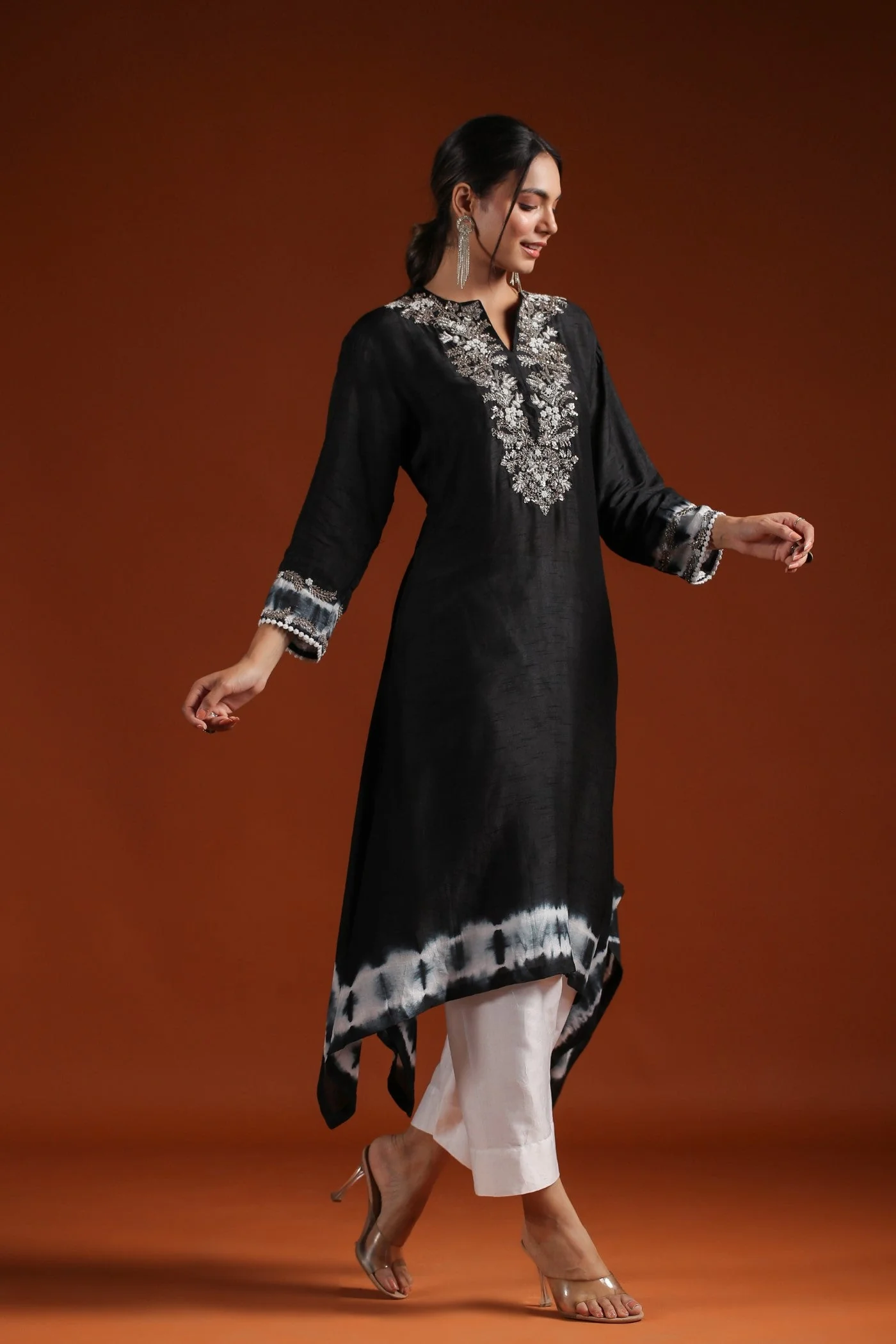 Black Tie Dyed Embellished Kurta & Pant - Image 4
