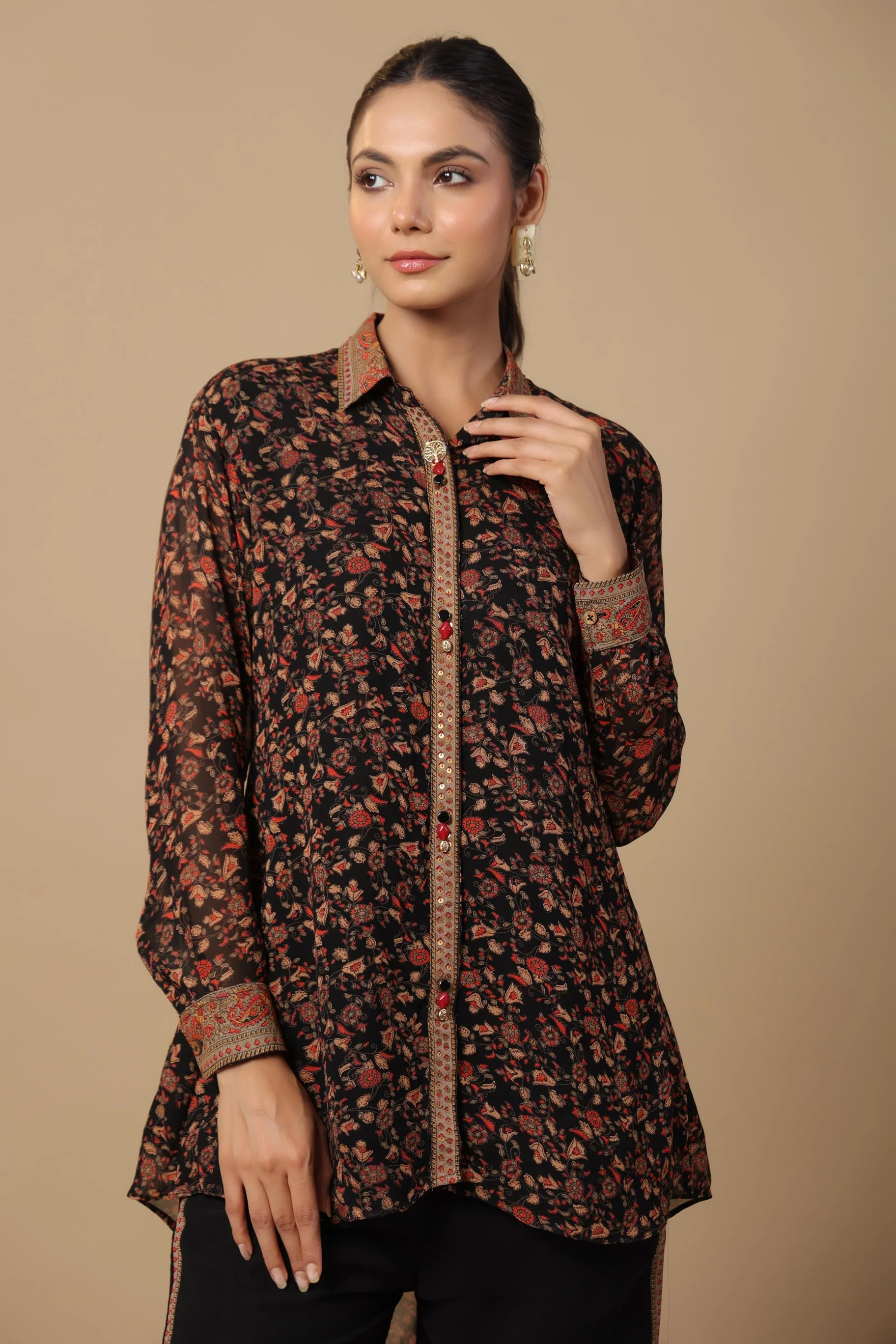 Black Traditional Printed Premium Georgette Silk Co-Ord Set - Image 2