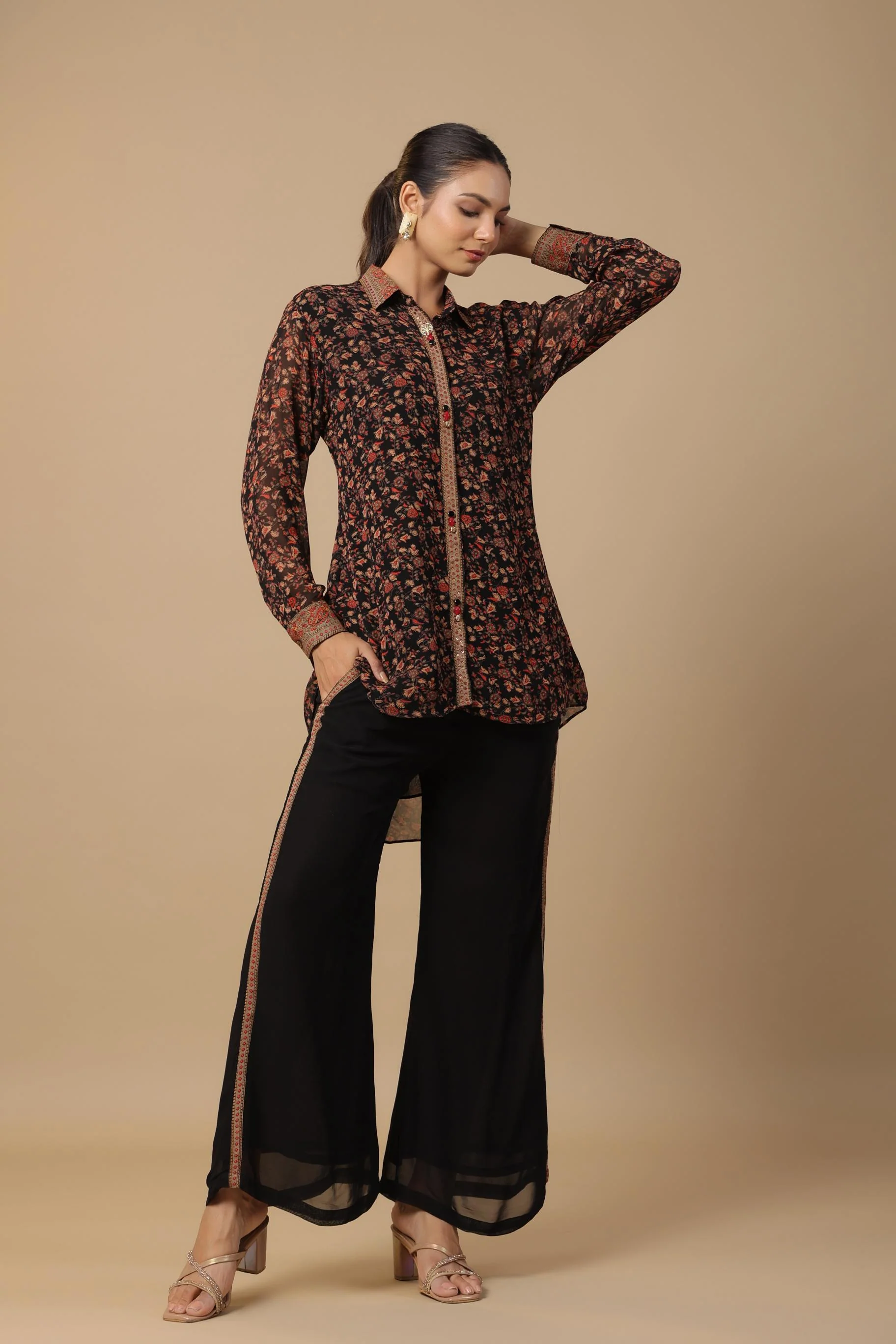 Black Traditional Printed Premium Georgette Silk Co-Ord Set - Image 4