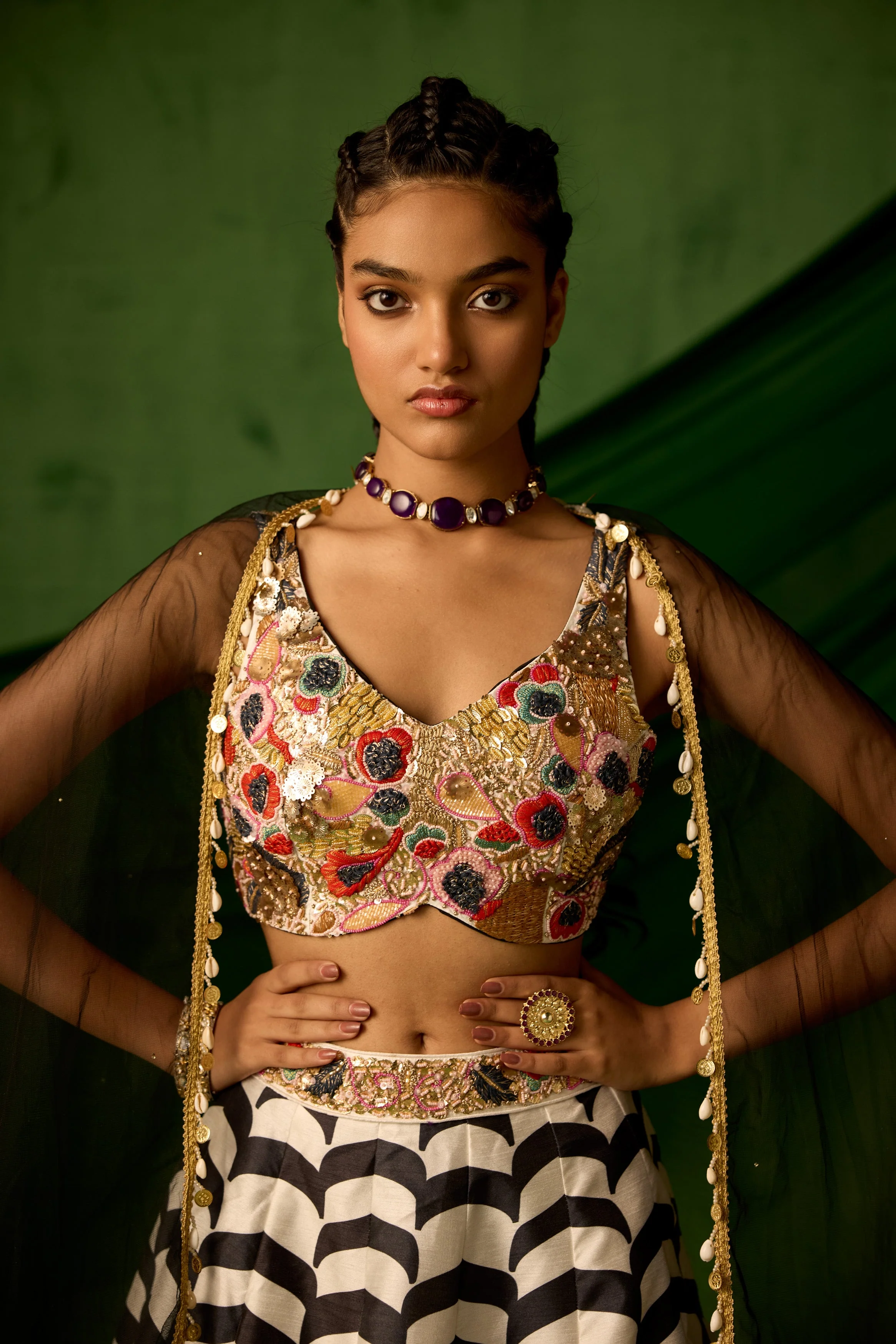Black & White Embellished Raw Silk Lehenga set - Image 2