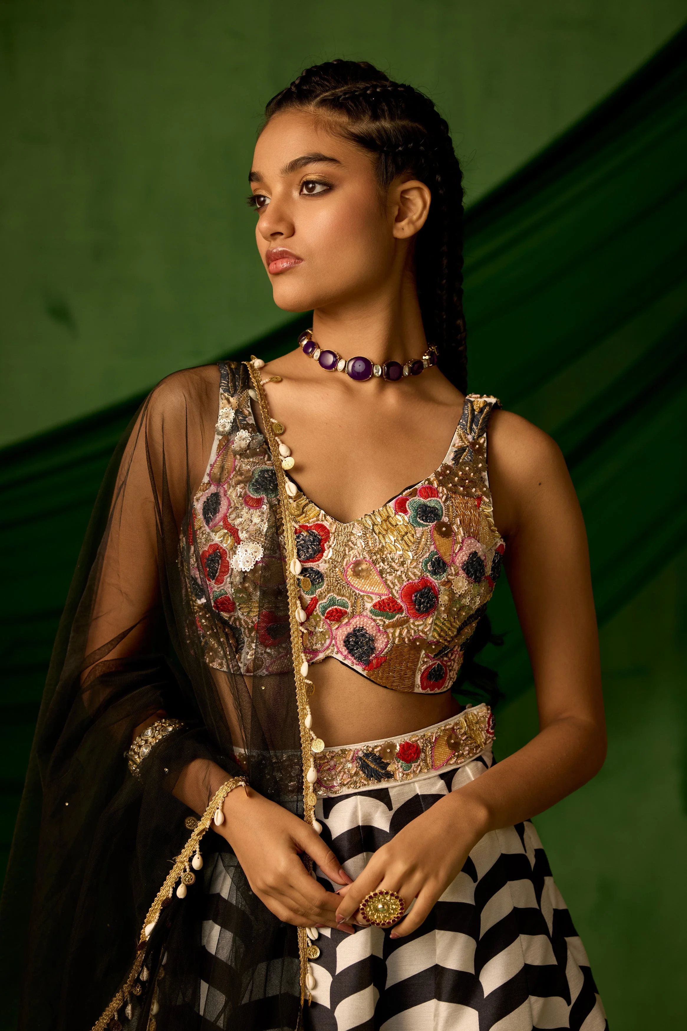 Black & White Embellished Raw Silk Lehenga set - Image 3