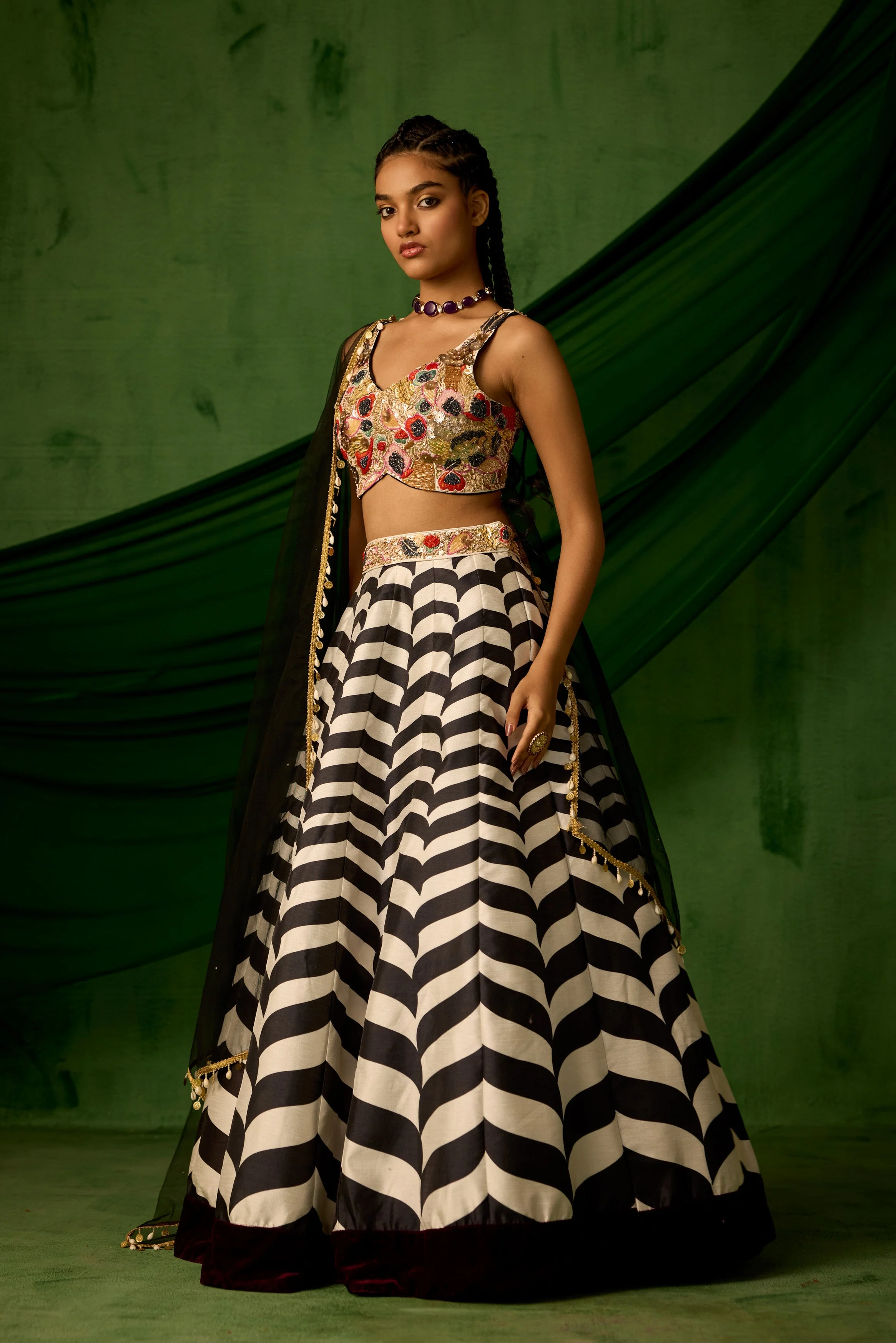 Black & White Embellished Raw Silk Lehenga set - Image 4