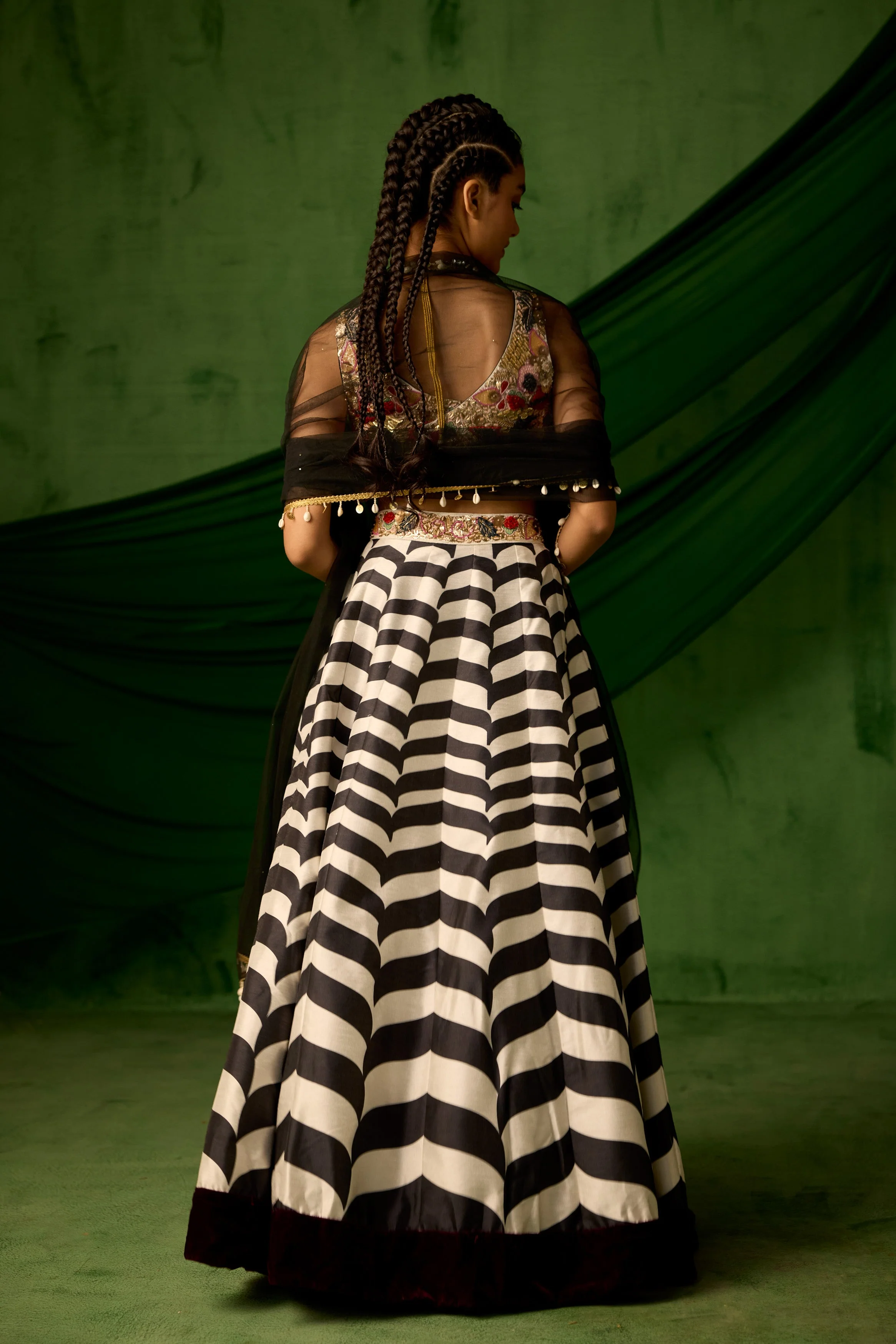 Black & White Embellished Raw Silk Lehenga set - Image 5