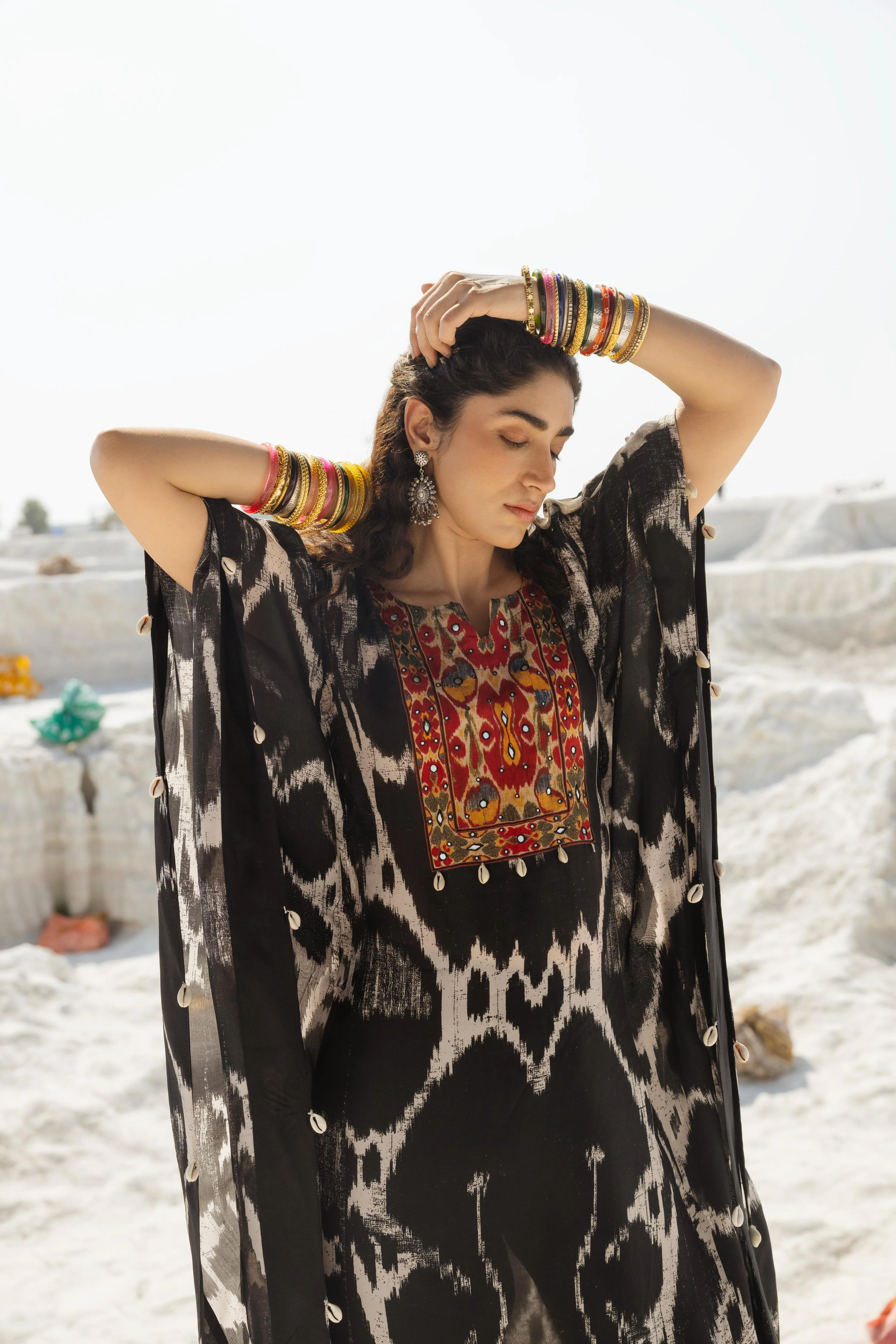 Black Ikat Printed Muslin Silk Kaftan Set - Image 2