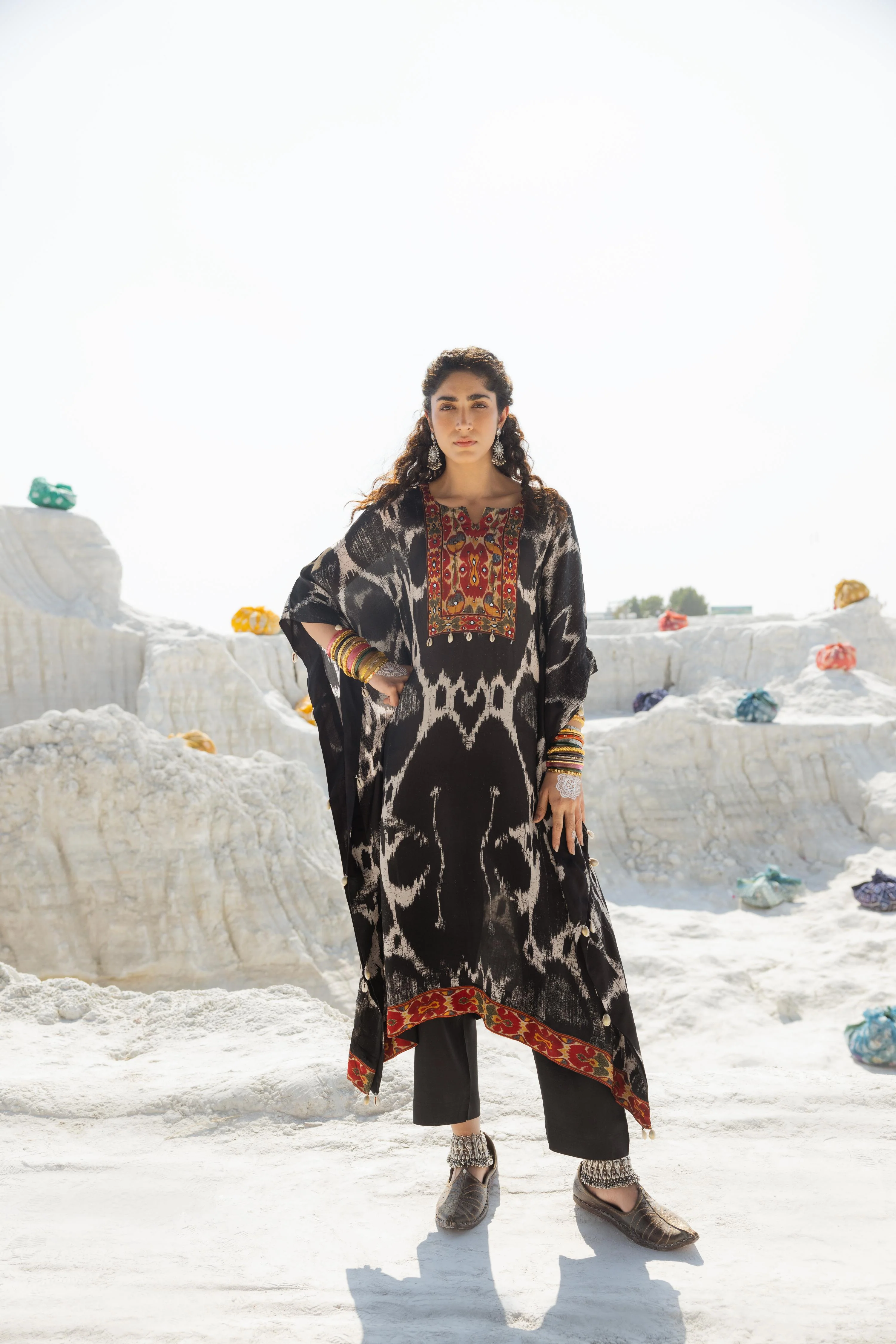 Black Ikat Printed Muslin Silk Kaftan Set - Image 3